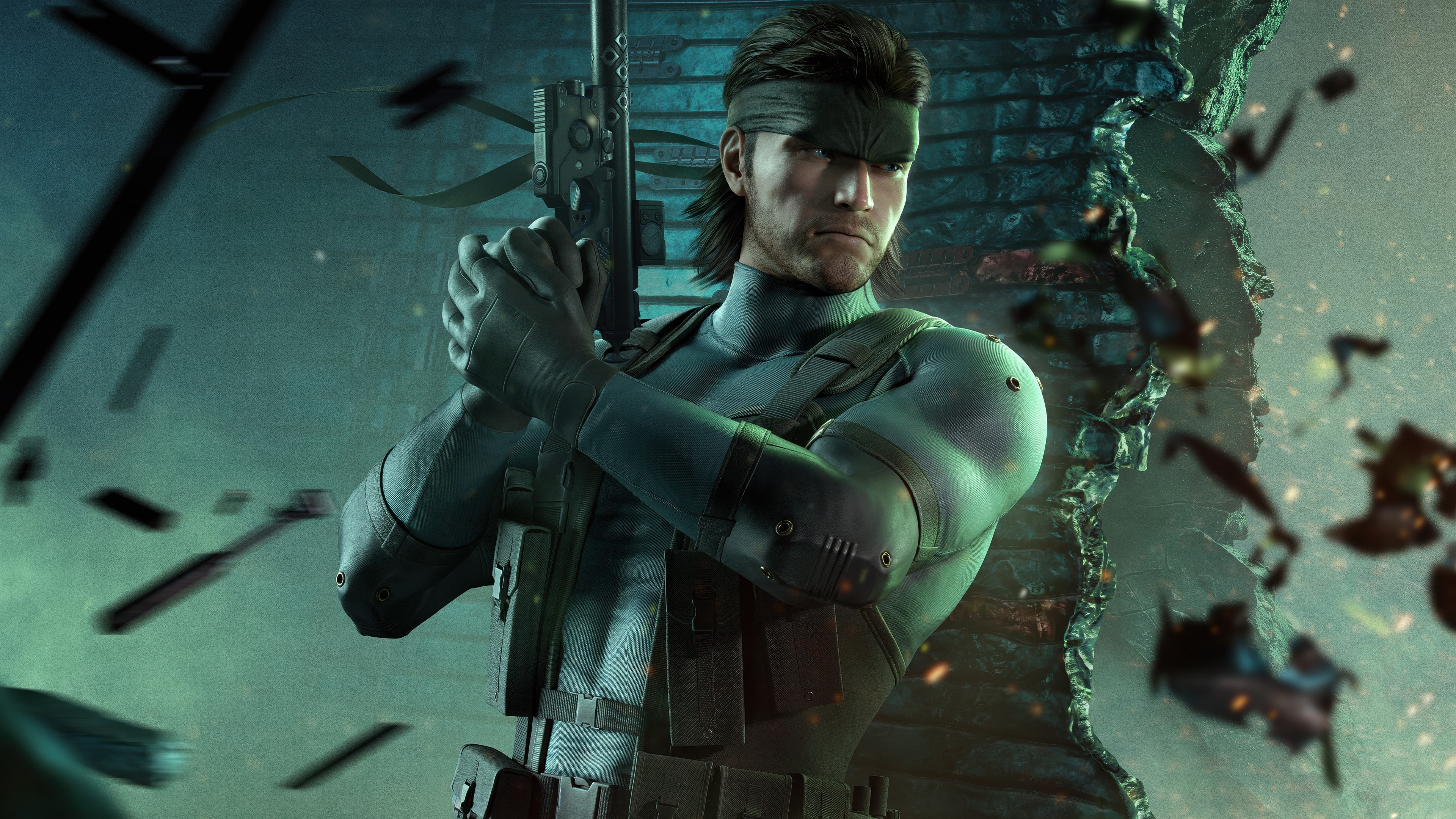A cinematic, high-resolution portrait of Solid Snake from Metal Gear Solid featuring realistic facial details and tactical combat gear.