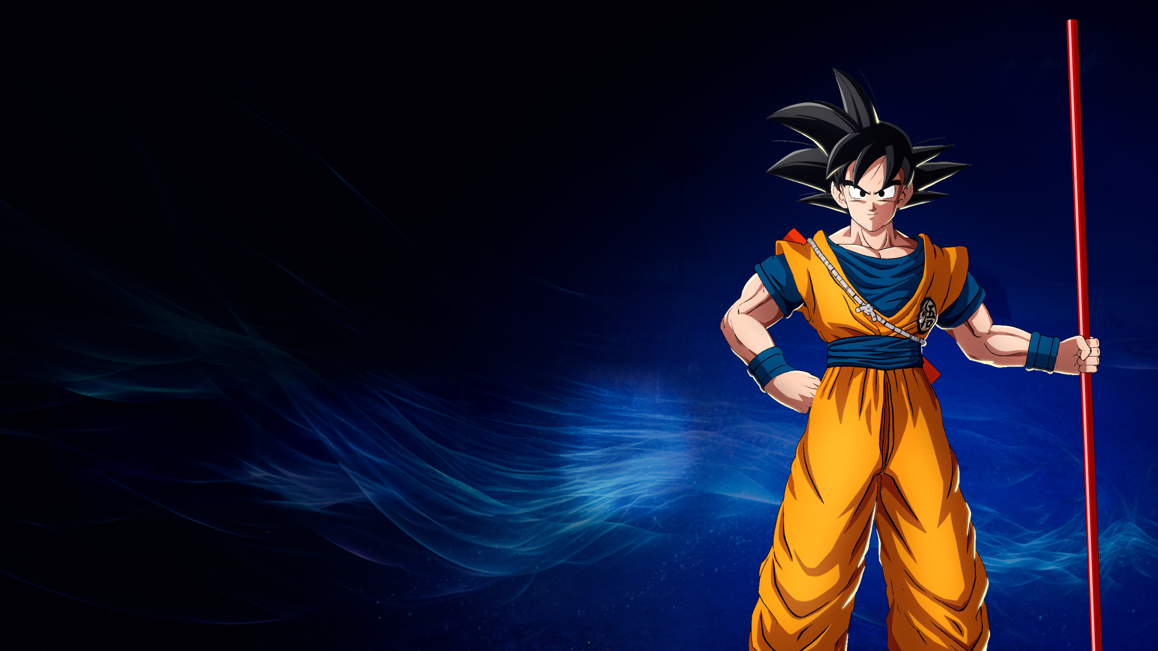 Son Goku wielding the Power Pole in a dark blue Dragon Ball Sparking! Zero art style