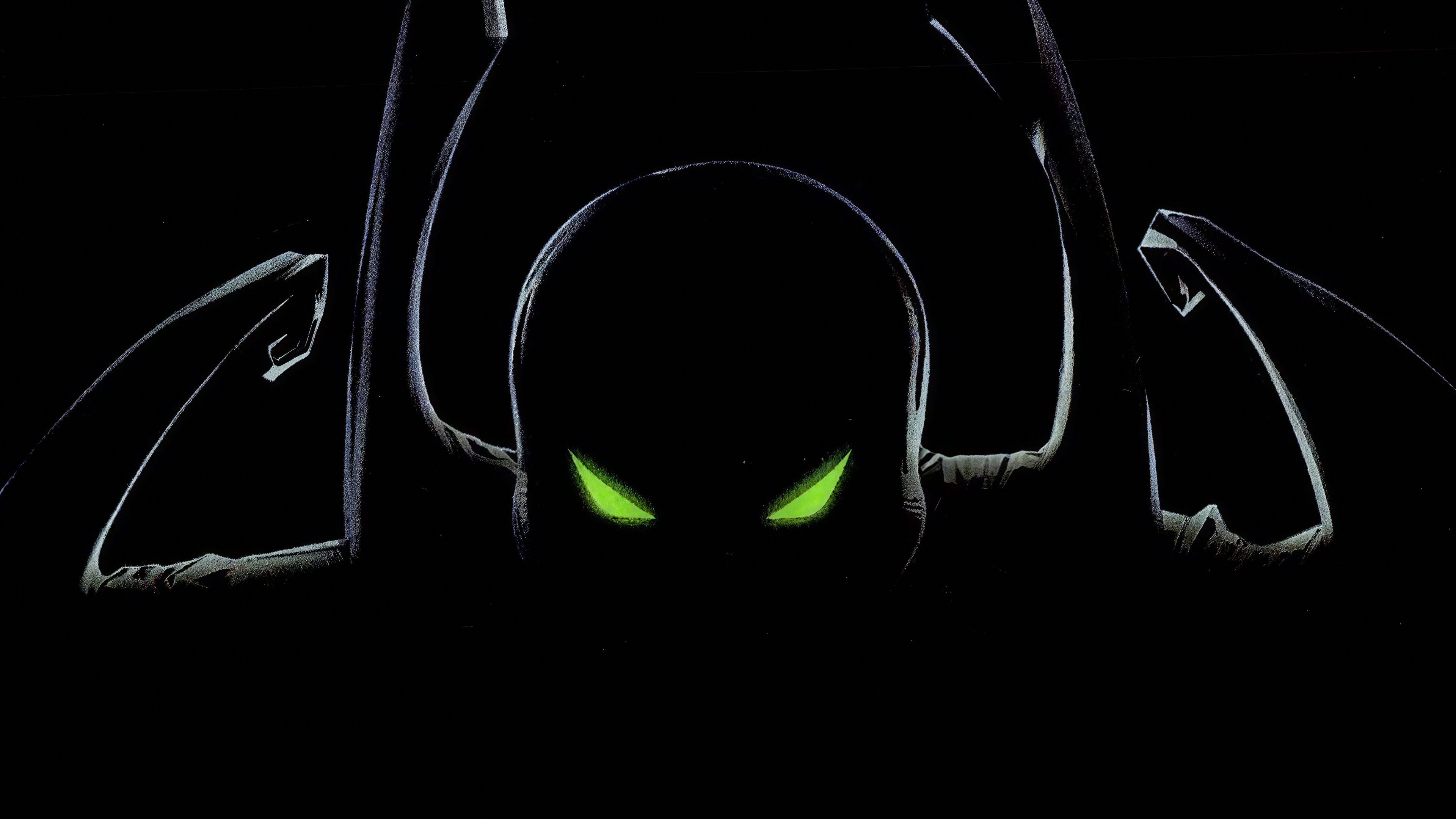 A high-contrast, cinematic portrait of Spawn from Image Comics featuring his red cape and dark suit against a black background.