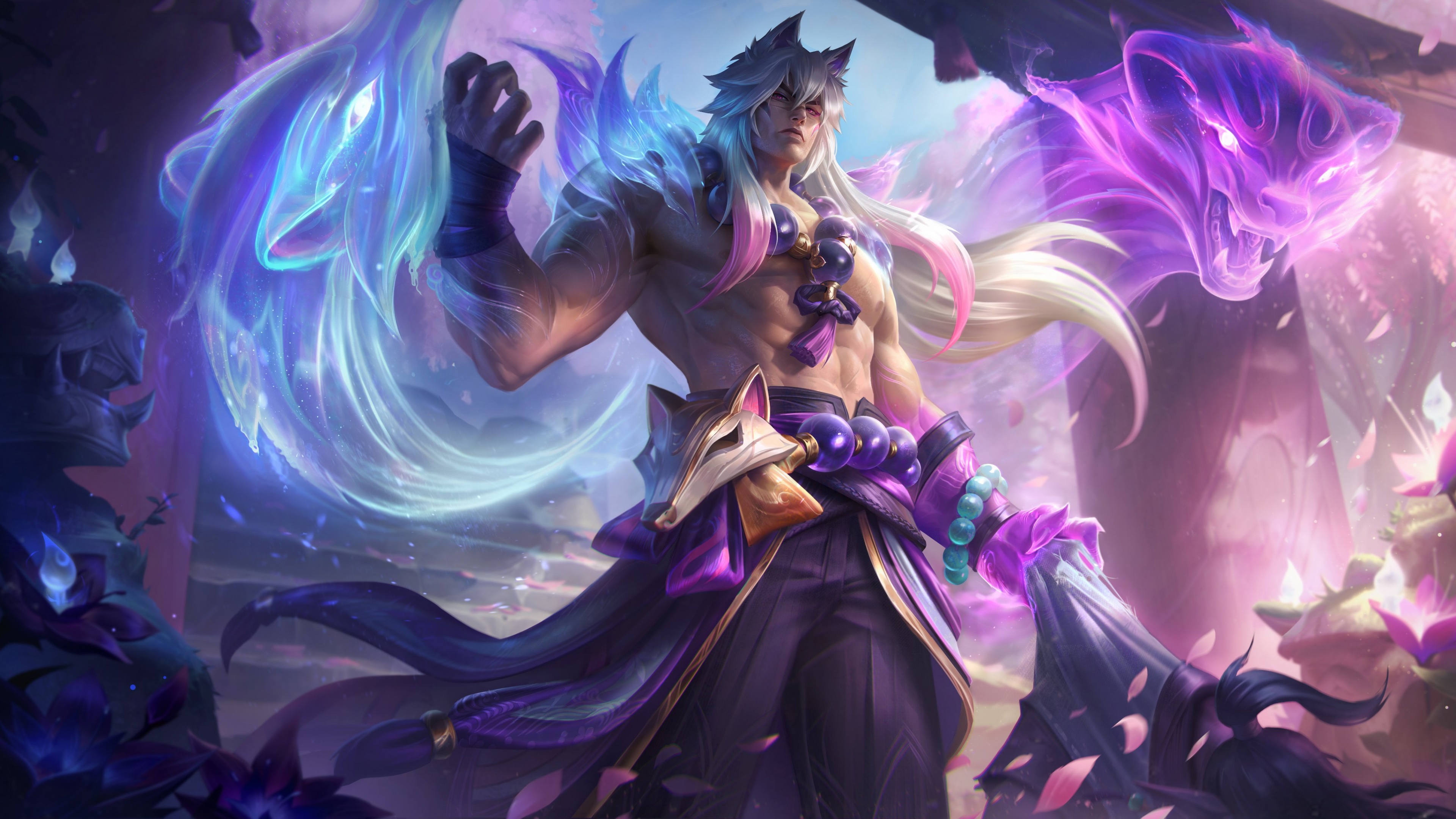 Sett from League of Legends featured in the Spirit Blossom skin theme, surrounded by glowing magical flowers and mystical atmosphere.