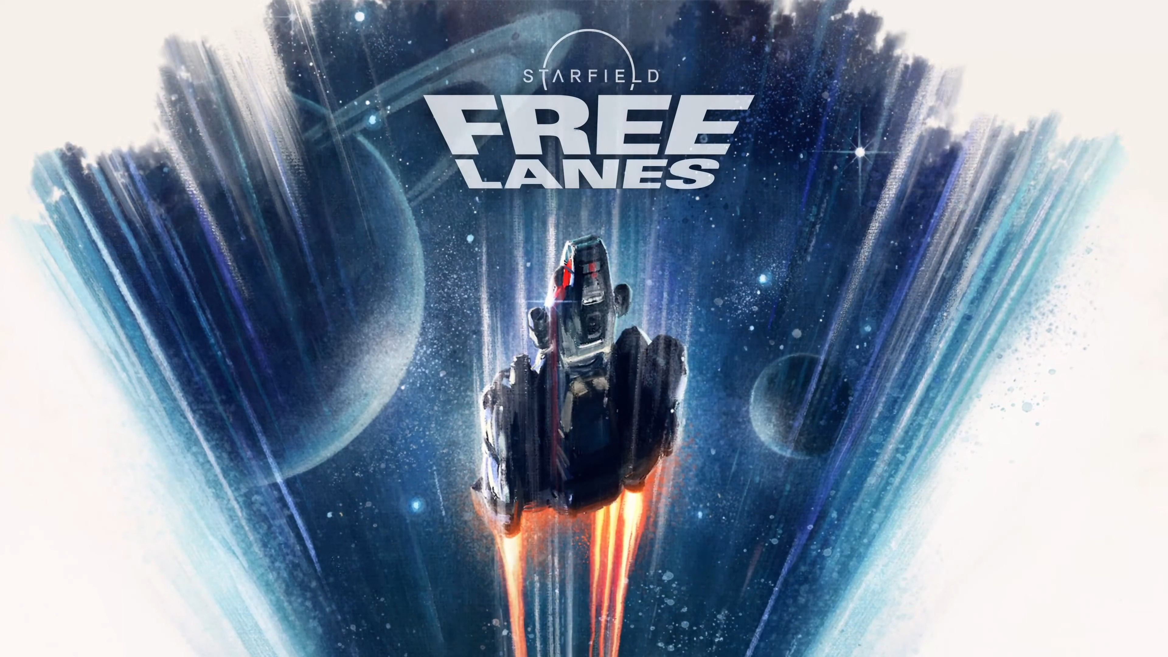 A cinematic view of a Starfield explorer in a detailed spacesuit overlooking a colorful nebula and alien planet surfaces.