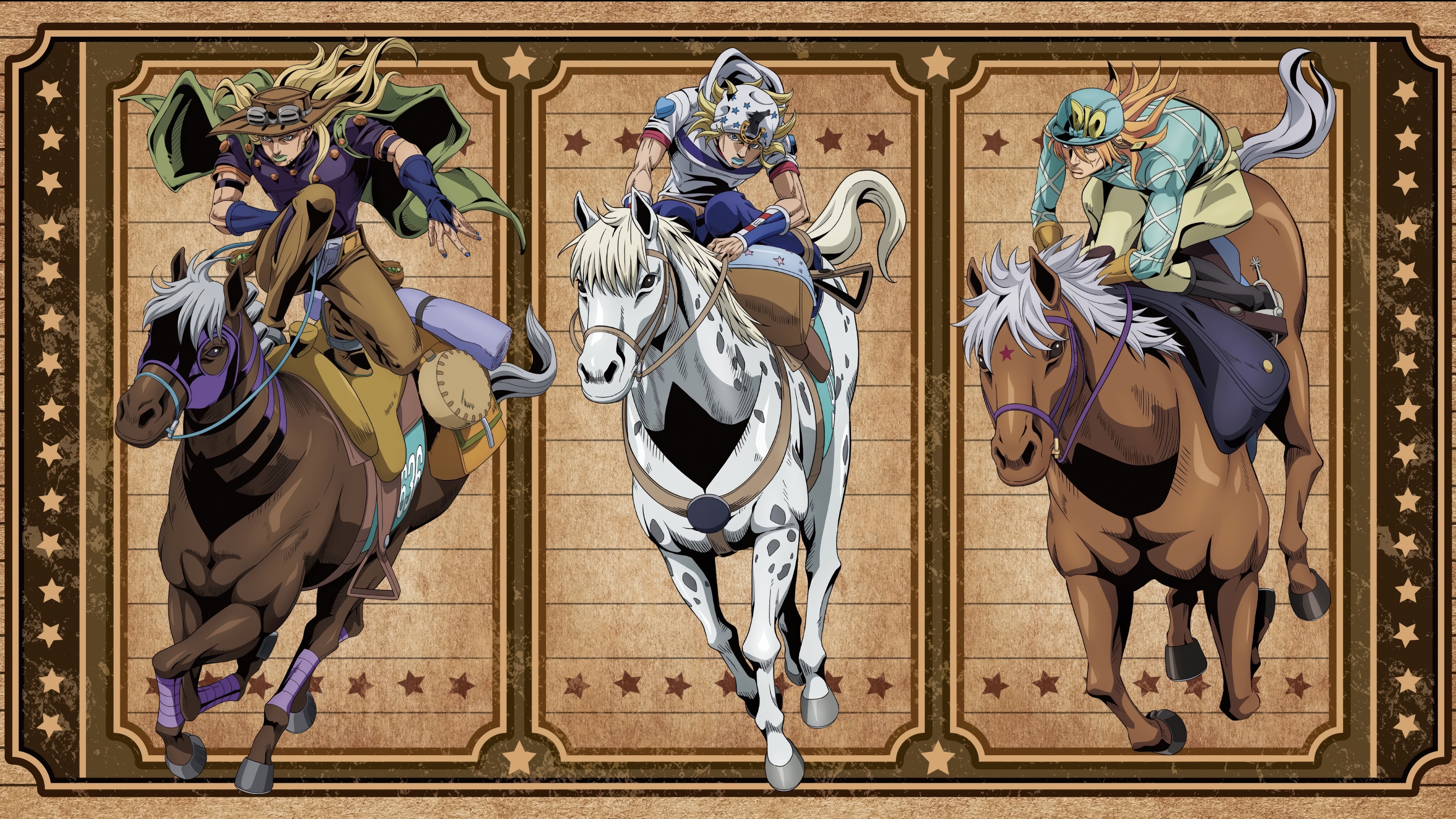 Cinematic anime poster featuring Gyro Zeppeli and Johnny Joestar from JoJo's Bizarre Adventure: Steel Ball Run
