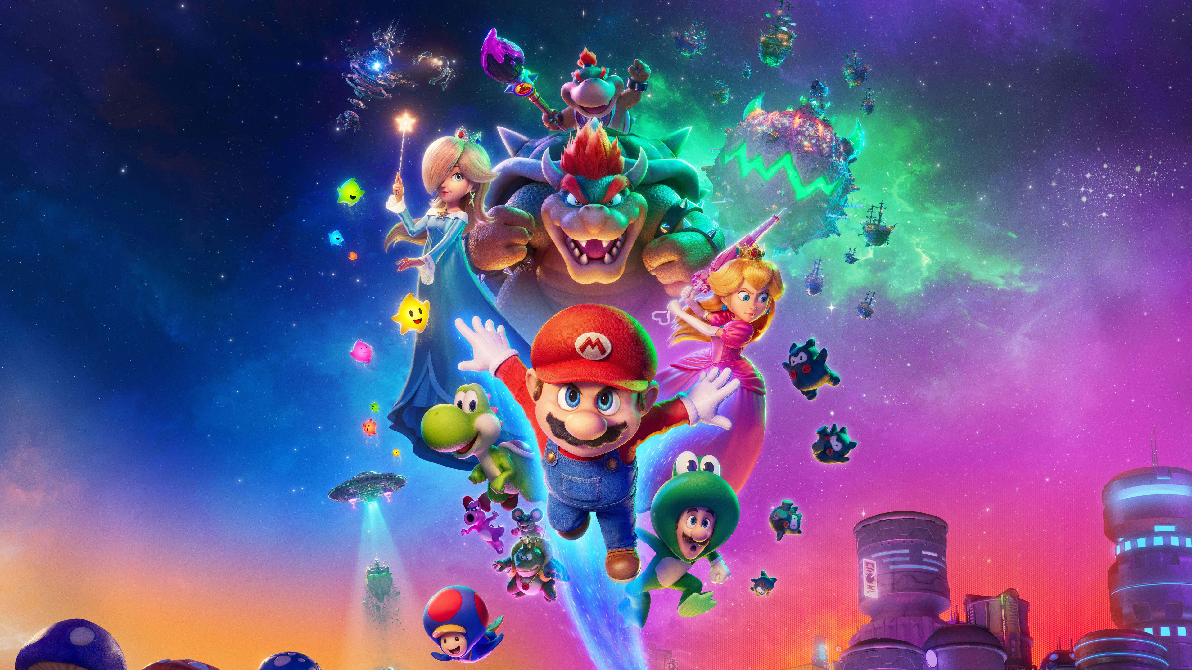 Mario from Super Mario Galaxy floating amidst a colorful cosmic nebula and bright stars in a cinematic movie poster style.