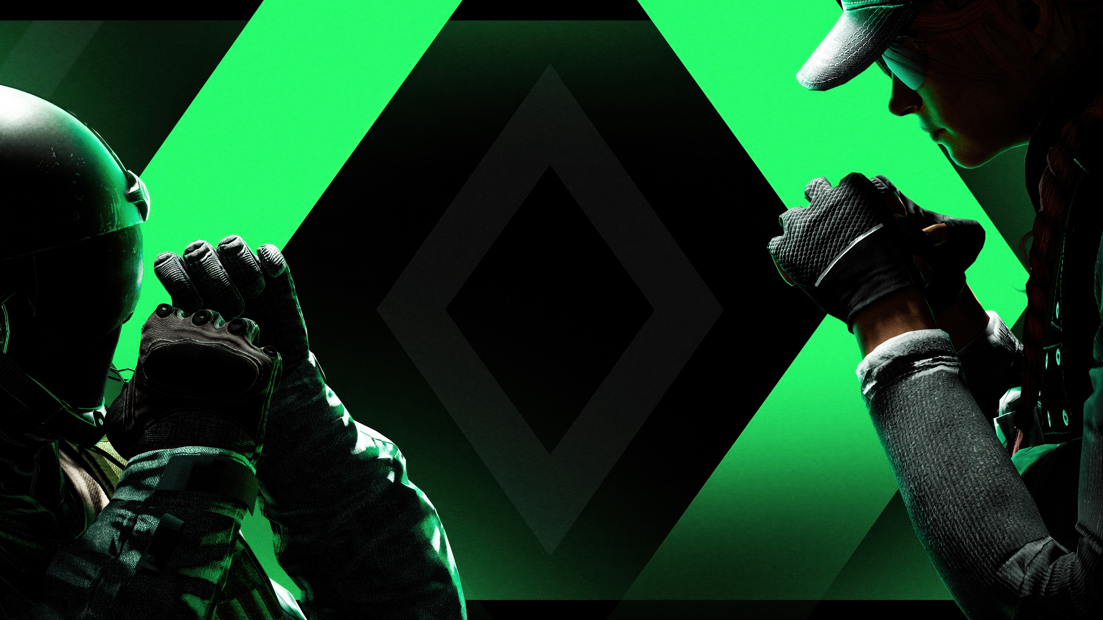 A detailed tactical operator from Rainbow Six Siege positioned in a dark, high-contrast cinematic environment.