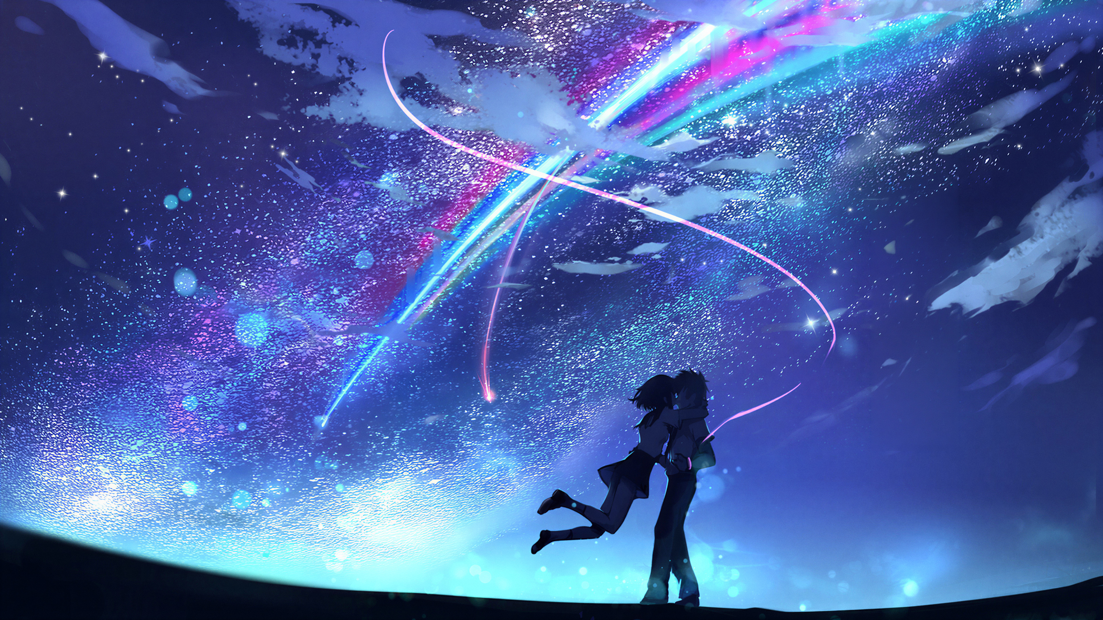 Taki Tachibana e Mitsuha Miyamizu, i protagonisti dell’anime Your Name, osservano una brillante cometa che solca il cielo stellato.