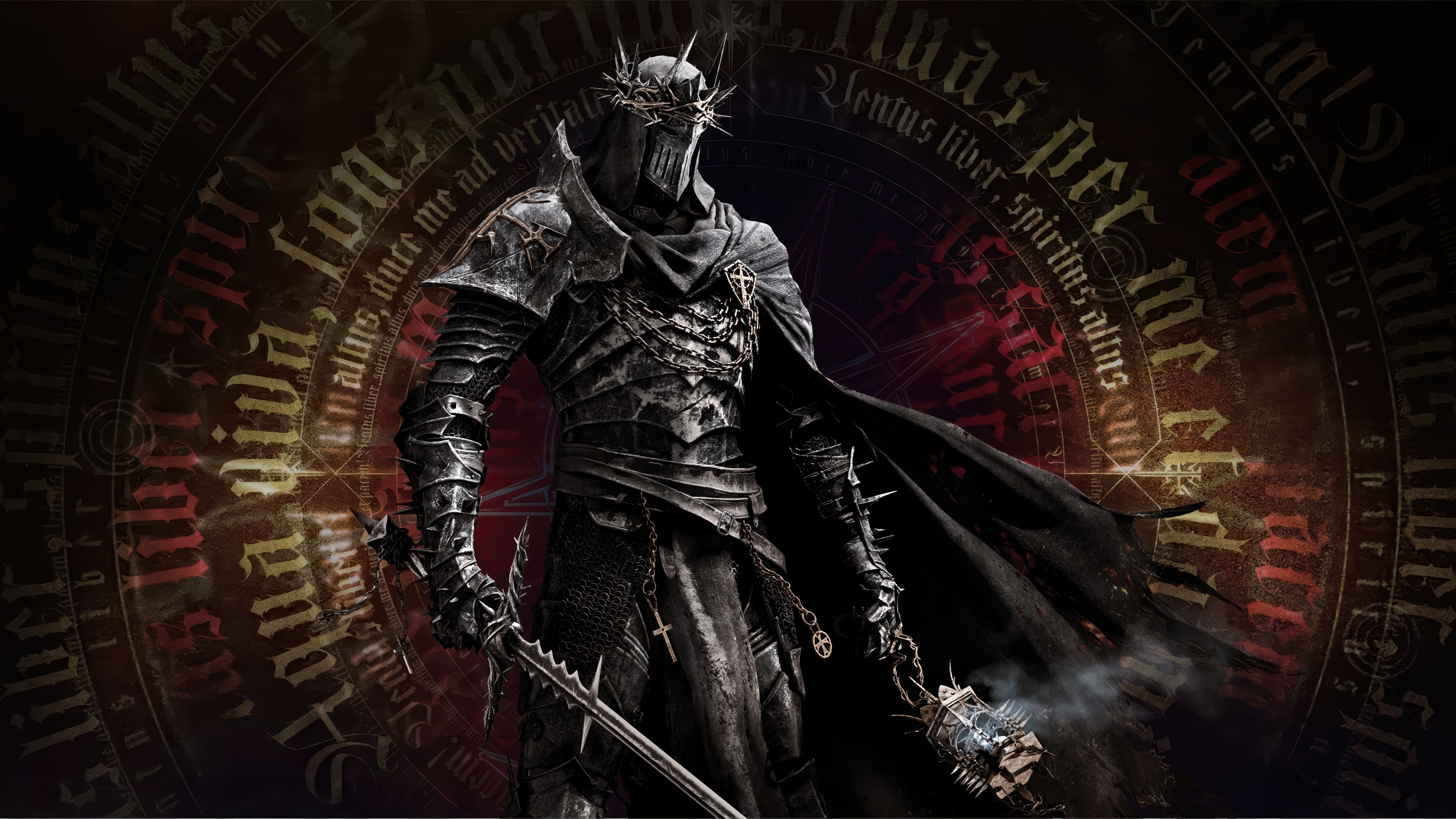 A menacing knight in heavy black plate armor, known as the Dark Crusader, standing in a dark fantasy setting.