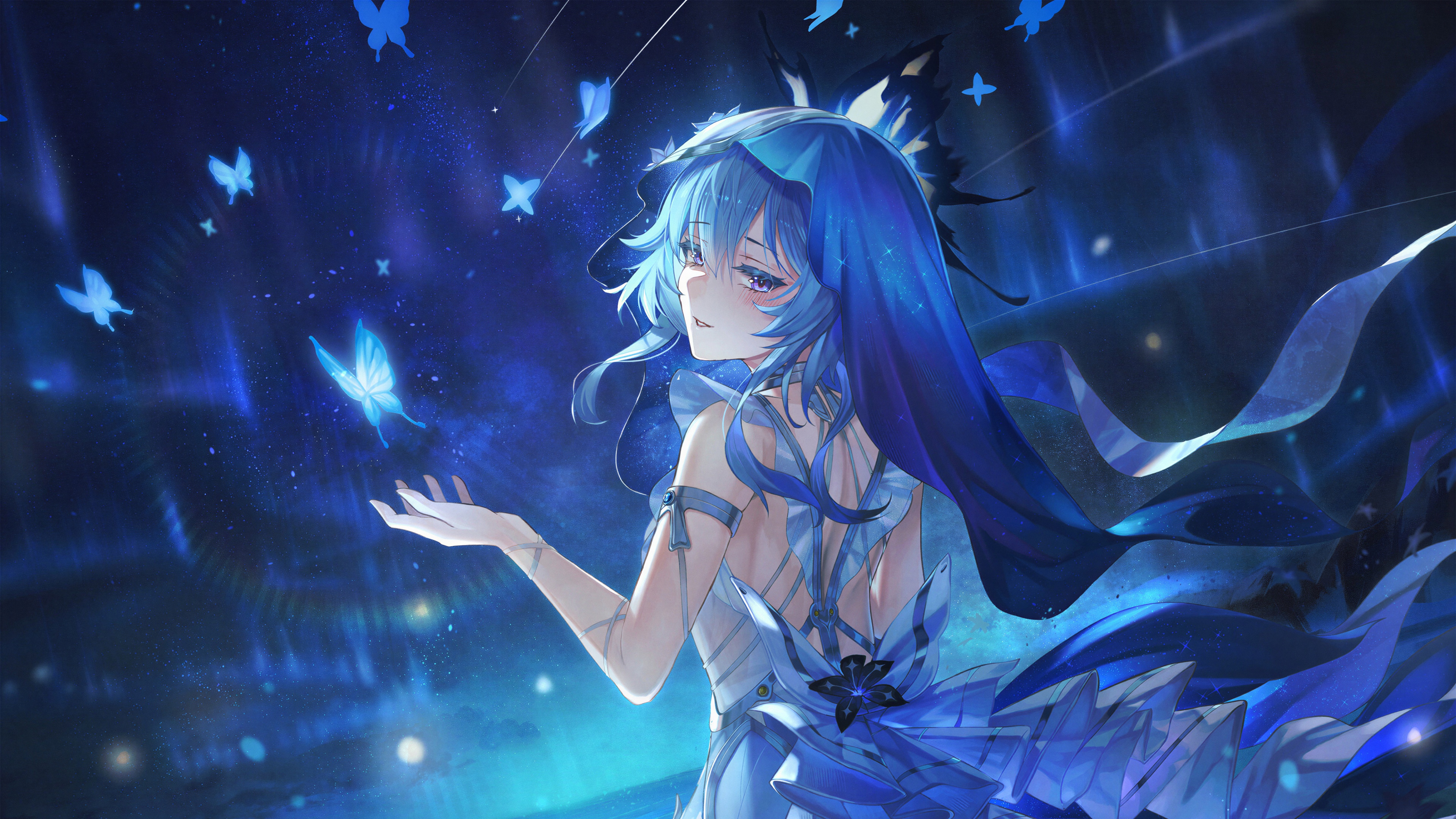 The Shorekeeper from Wuthering Waves in a tranquil blue aesthetic surrounded by butterflies.
