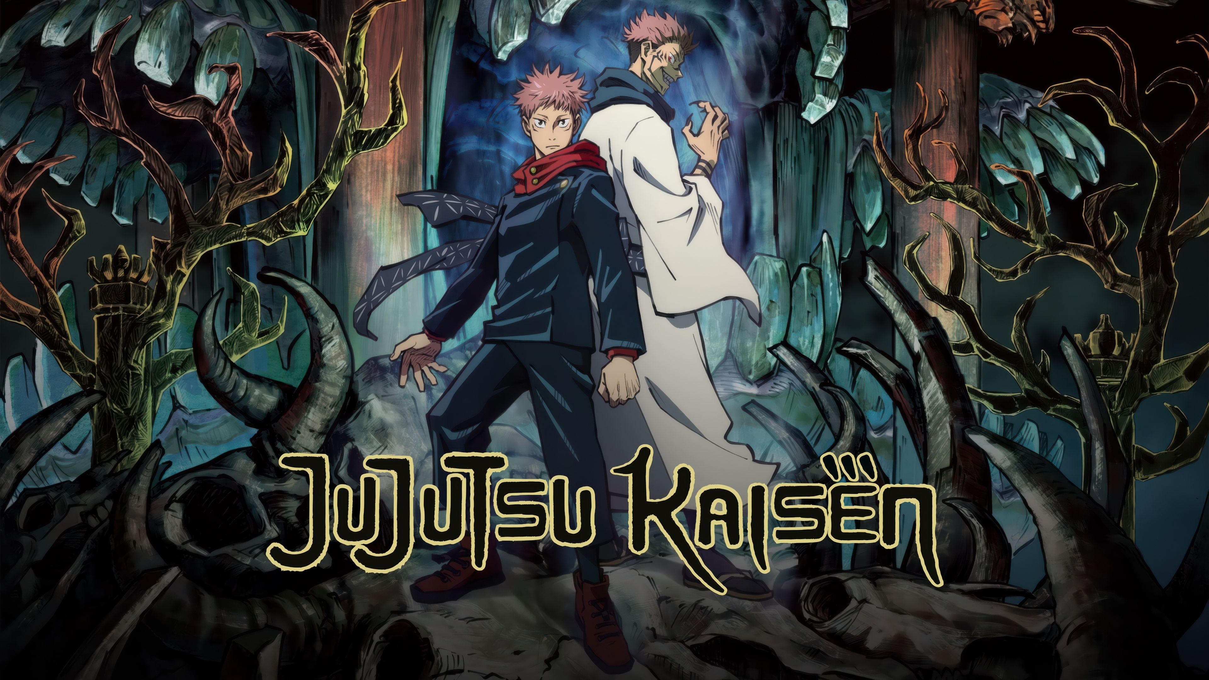 Cinematic anime poster featuring Yuji Itadori and Sukuna from Jujutsu Kaisen