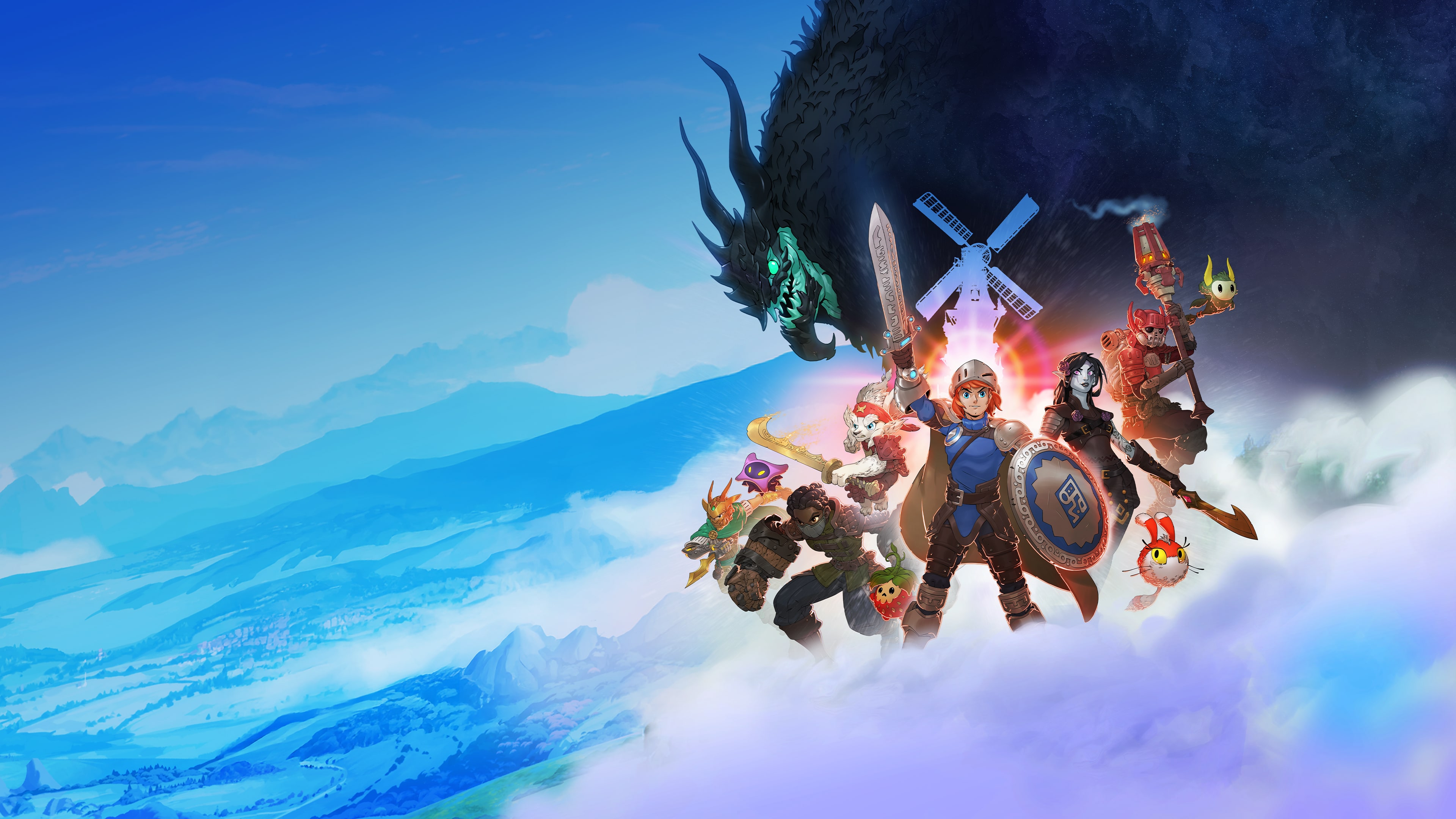Dynamic key art for the game Towerborne featuring a Skywarder character in a colorful fantasy landscape.