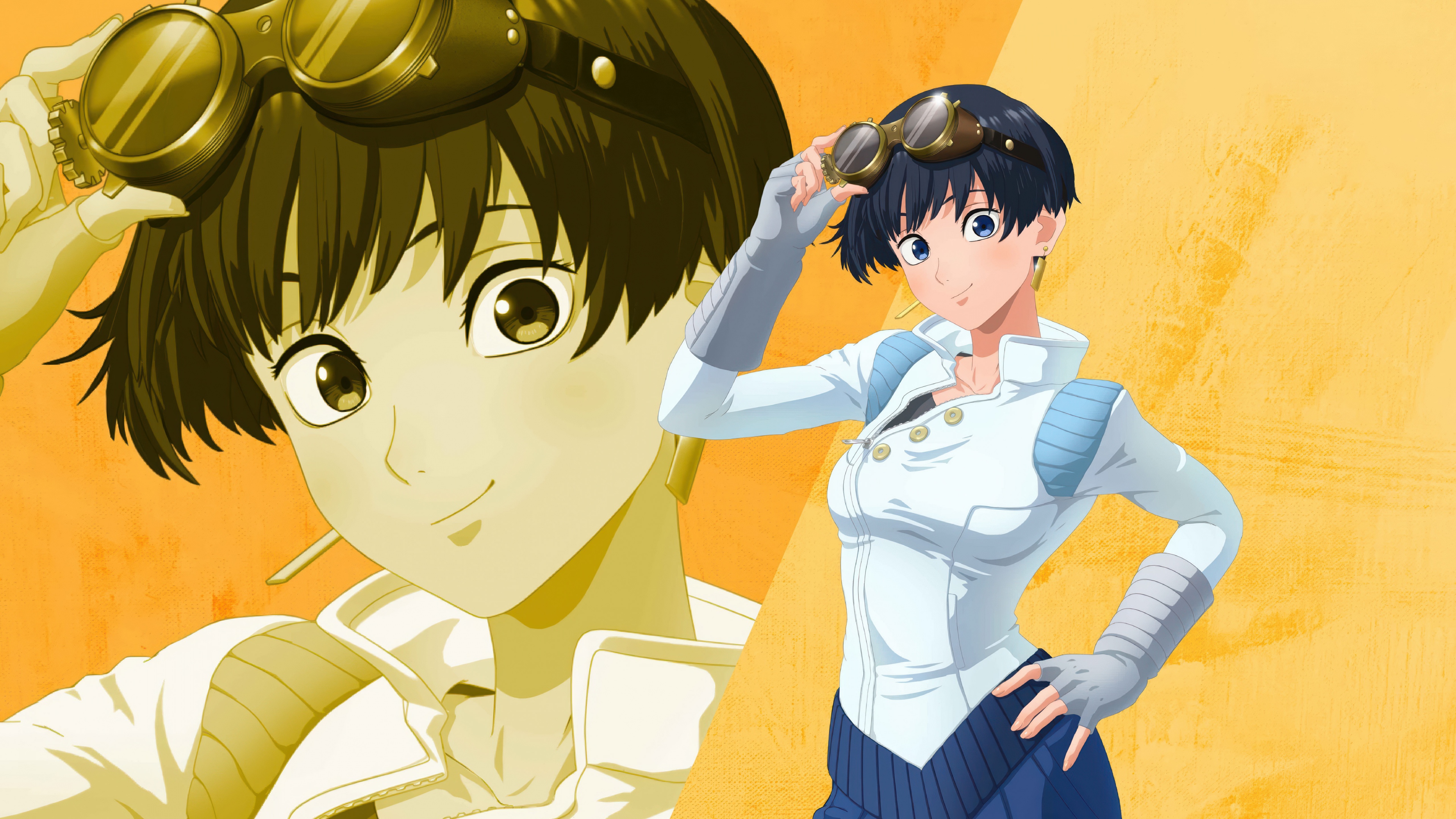 A detailed anime girl character from the Trigun Stargaze series set against a bright yellow background in 5K resolution.