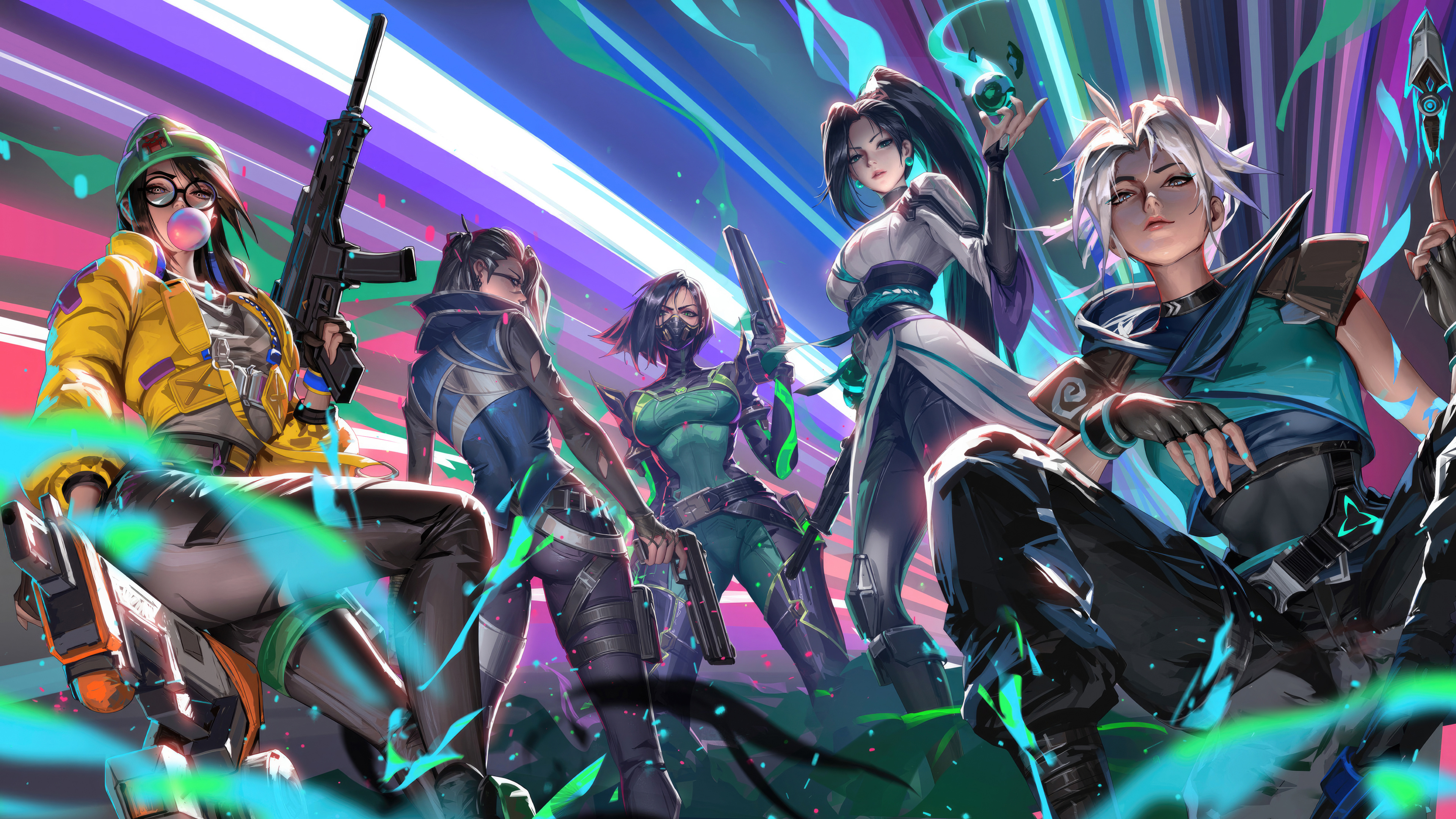 A group portrait of Valorant characters Viper, Sage, Jett, Killjoy, and Fade.