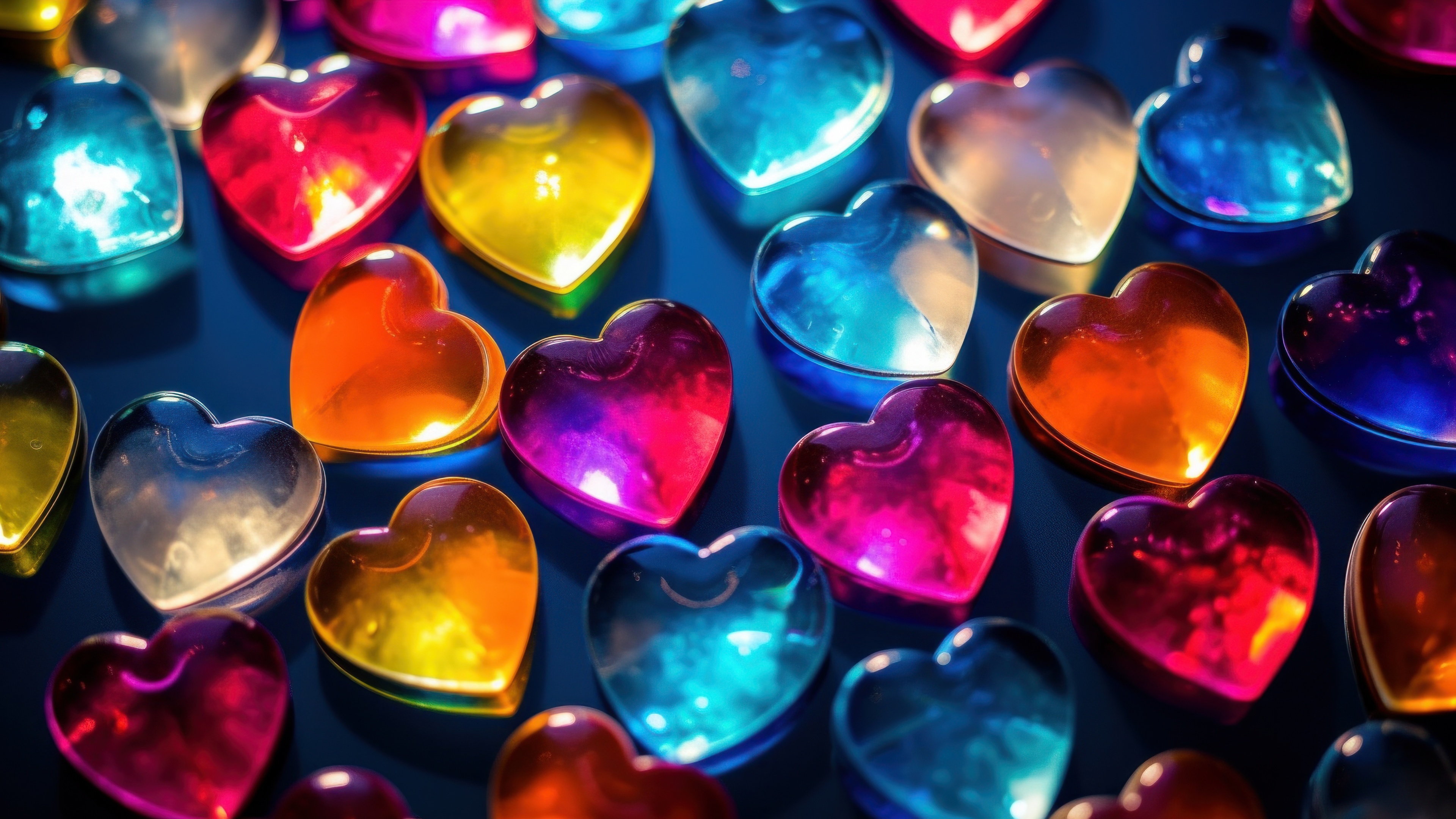 3D rendering of colorful floating hearts against a solid blue background.