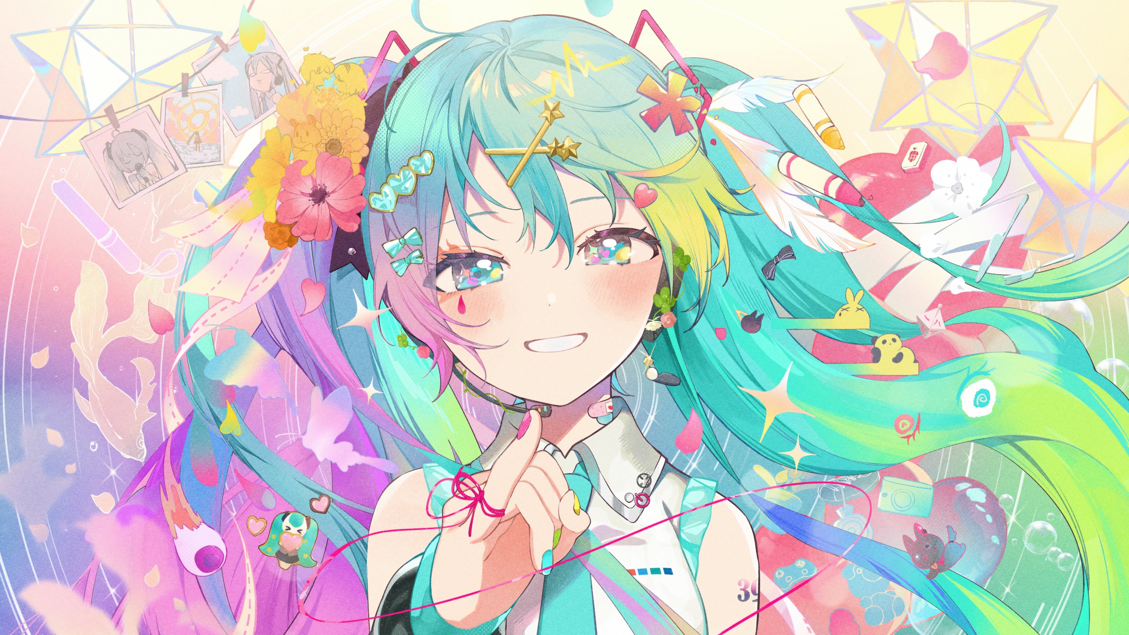 A colorful and highly detailed anime-style portrait of Hatsune Miku from Vocaloid.