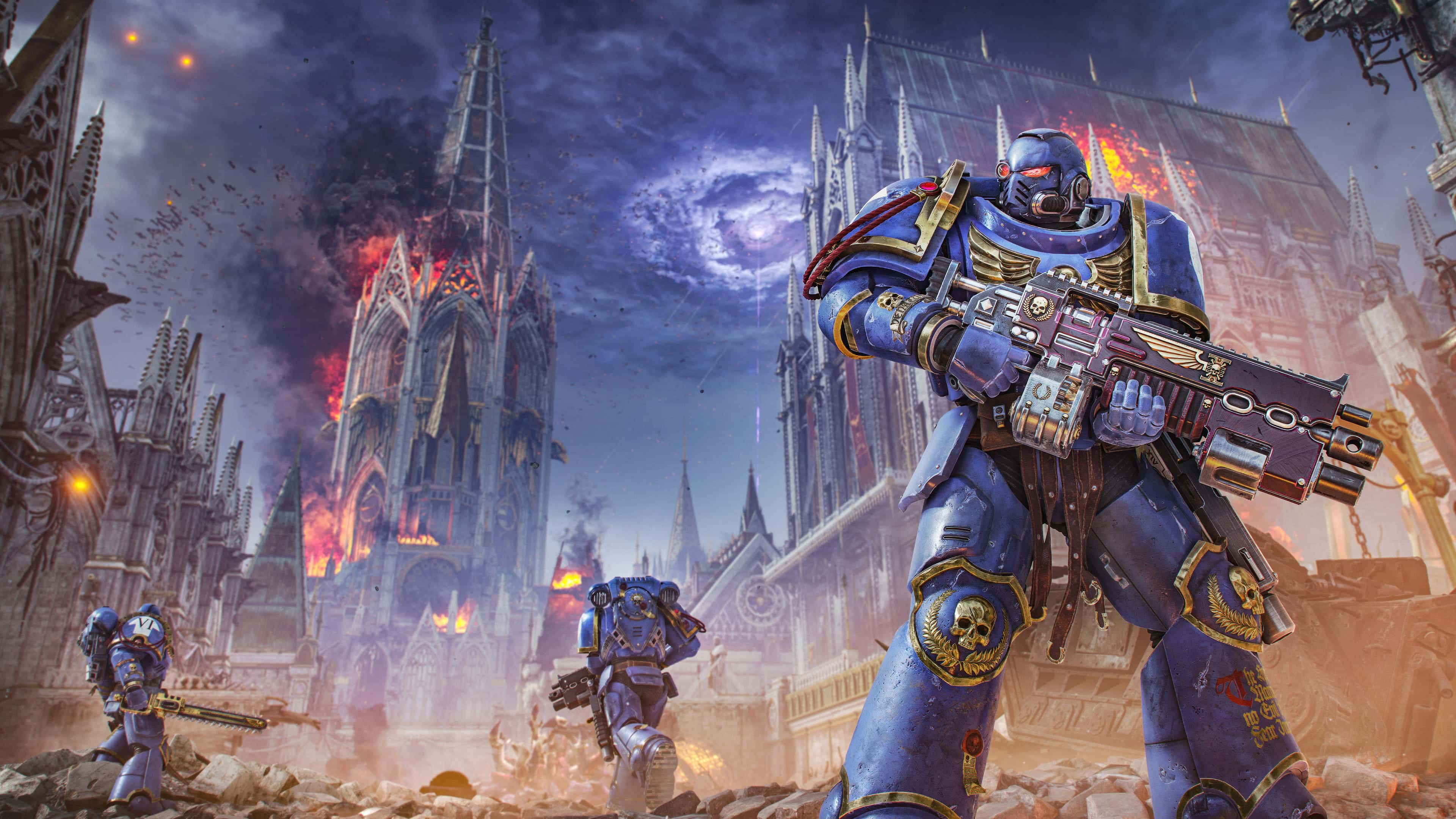 A cinematic poster featuring an armored Space Marine from the video game Warhammer 40,000: Space Marine 2.