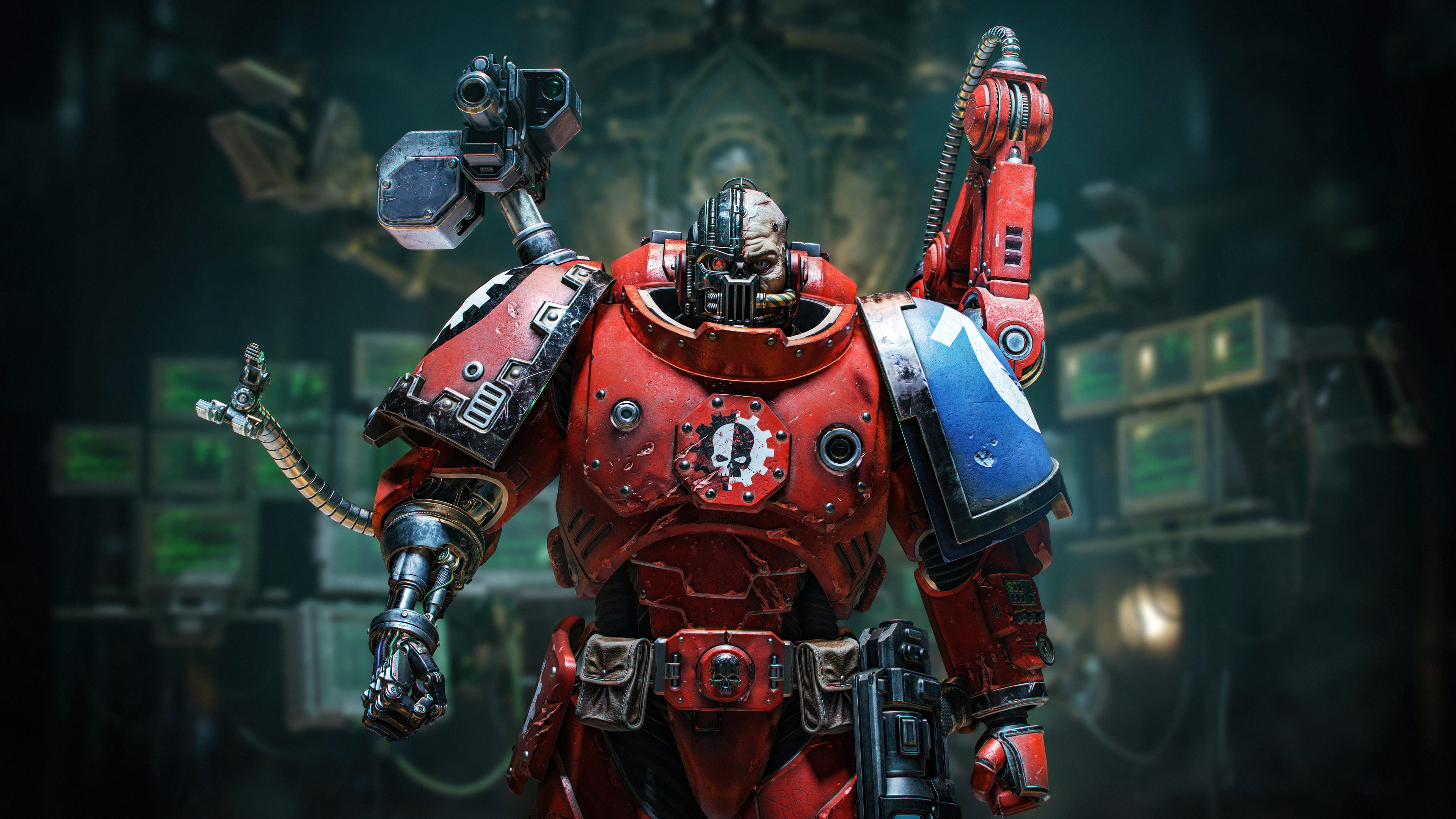 A highly detailed Ultramarine Space Marine in blue power armor from Warhammer 40,000: Space Marine 2.