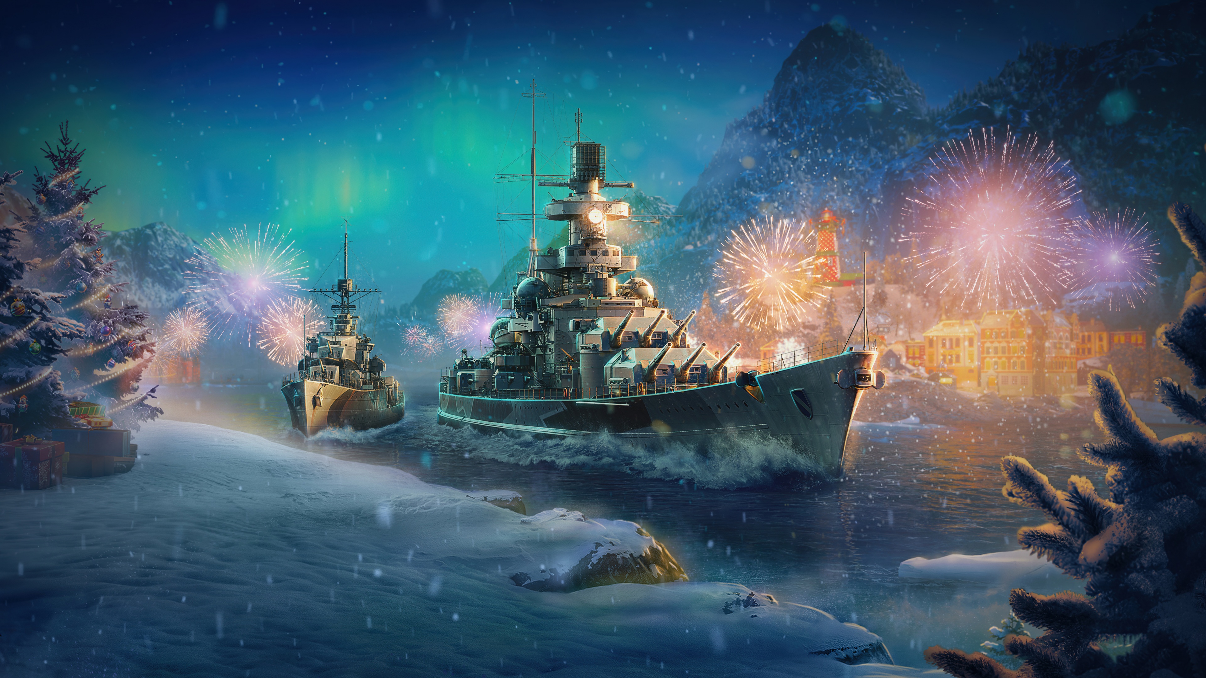 Una flotta di navi da guerra, addobbate per il Natale, sotto un cielo illuminato da spettacolari fuochi d’artificio multicolore.