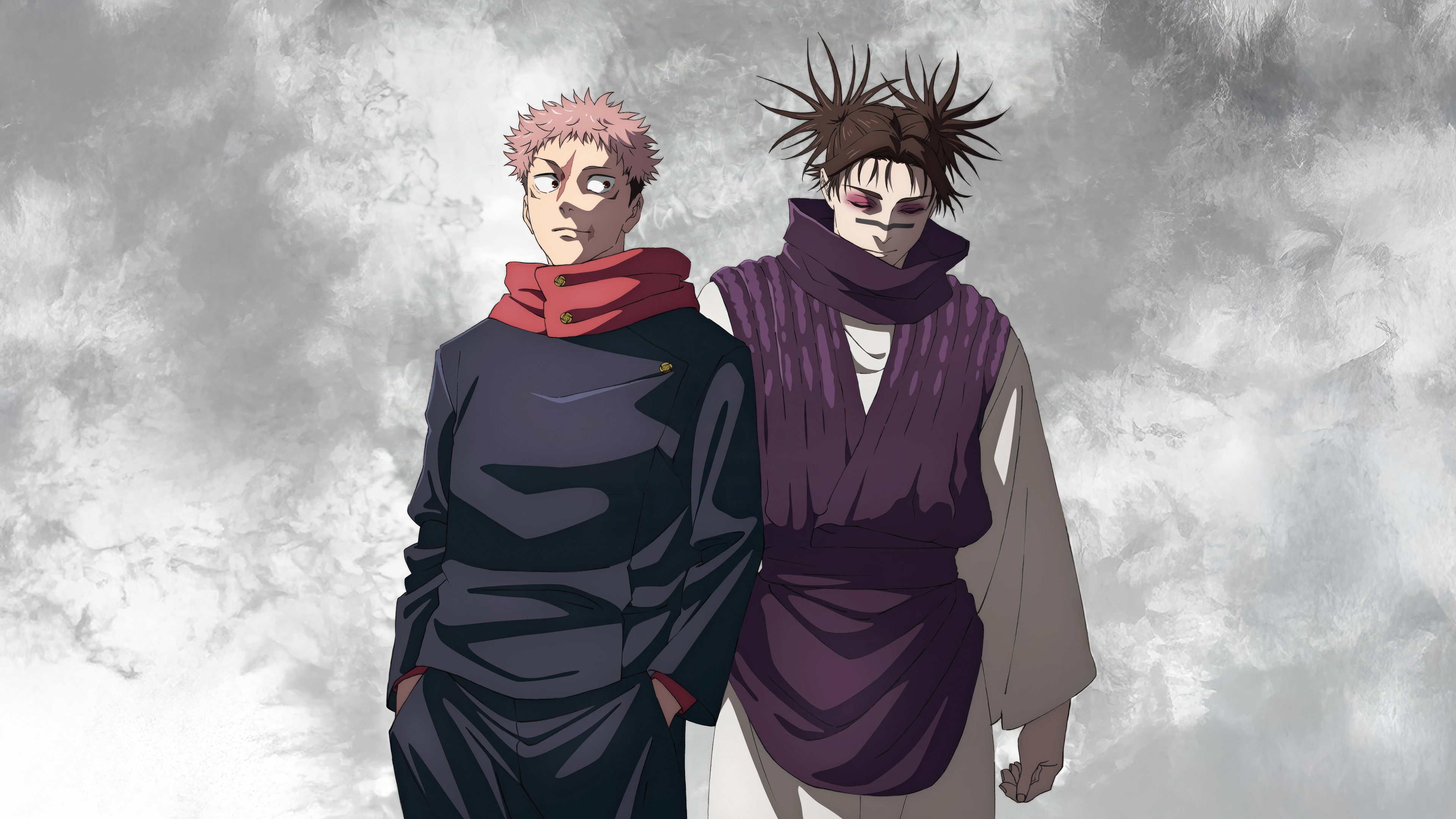 A high-resolution, cinematic shot of Yuji Itadori and Choso from Jujutsu Kaisen.
