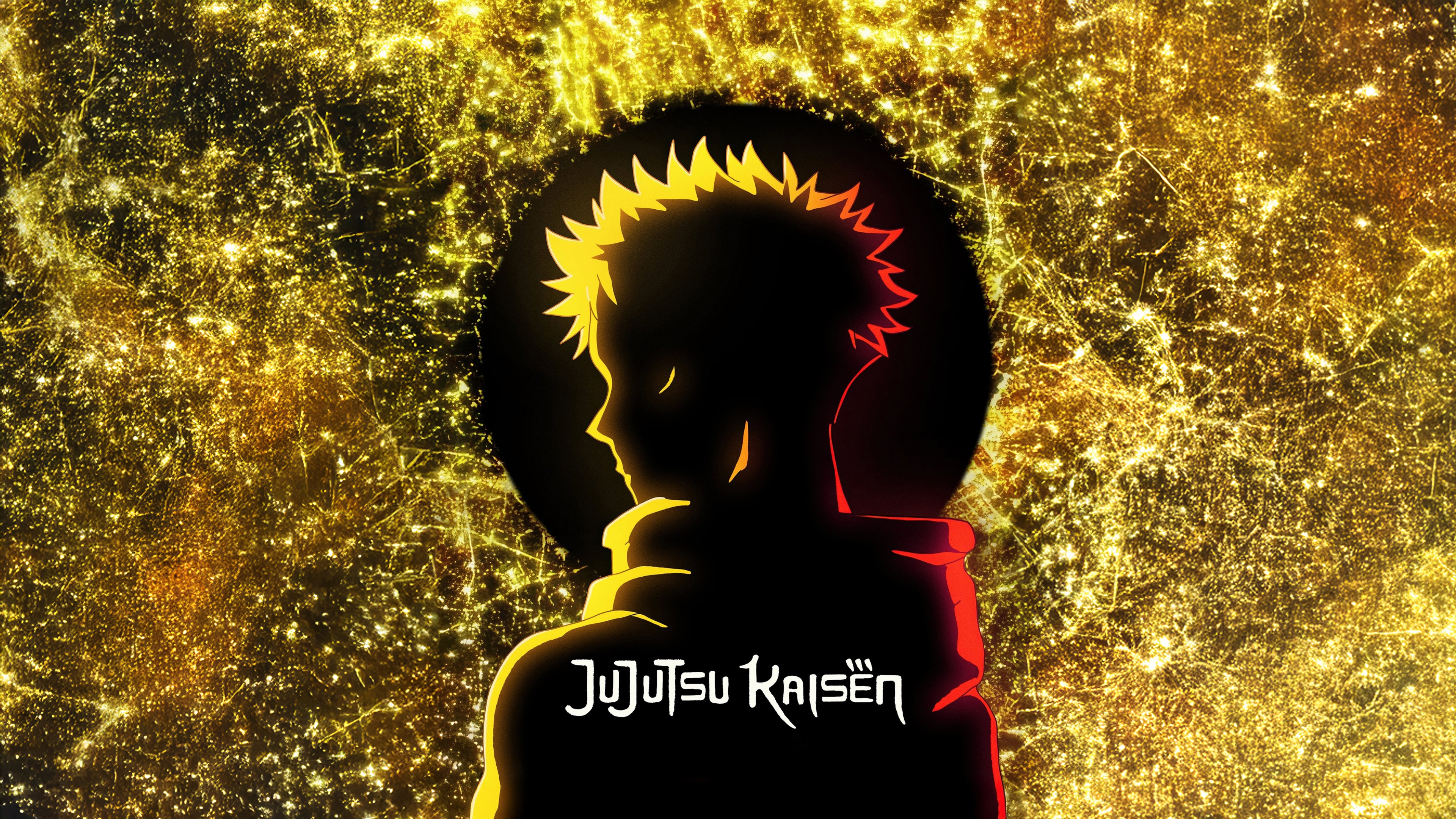 A high-detail anime-style portrait of Yuji Itadori from Jujutsu Kaisen featuring cinematic golden yellow lighting.