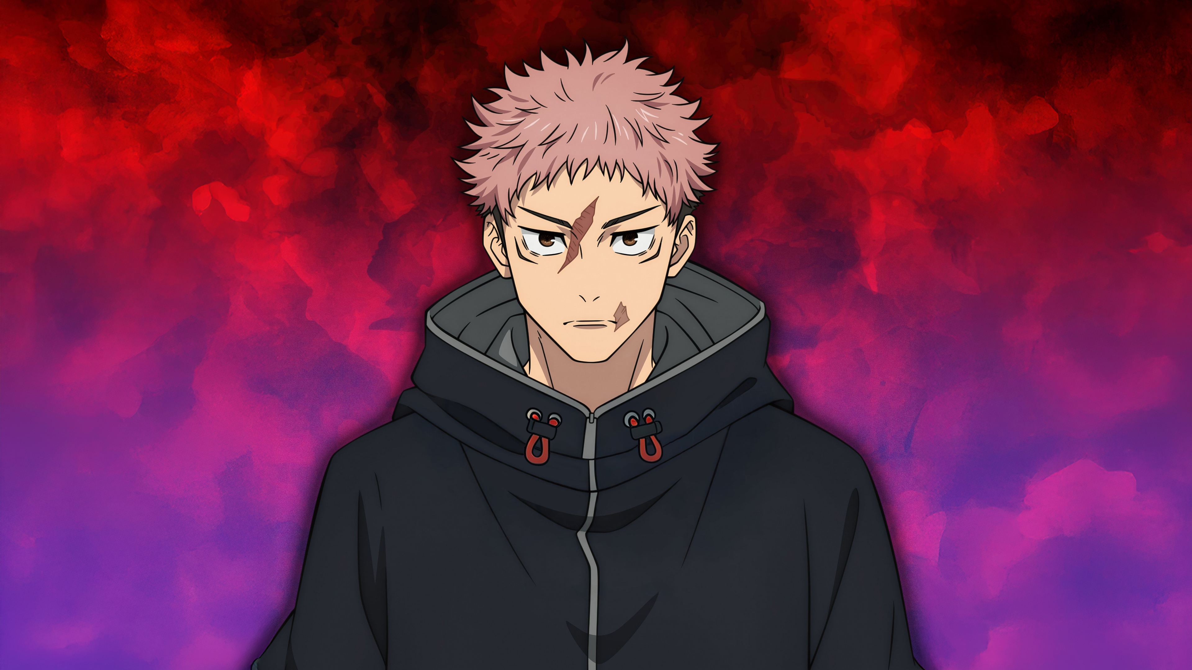 Yuji Itadori from Jujutsu Kaisen with pink hair wearing a hoodie against a red background