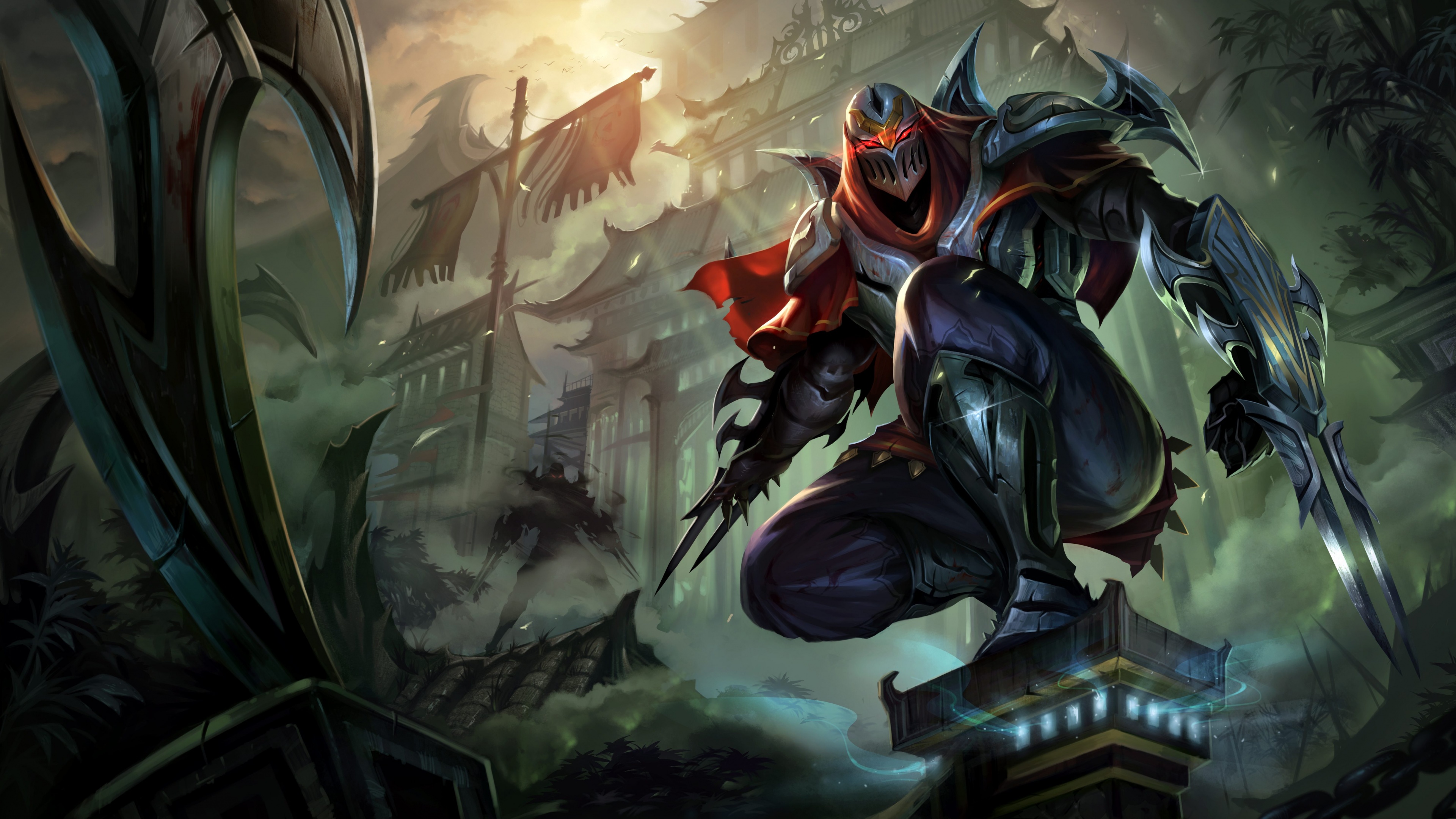 Zed, the ninja assassin from League of Legends, surrounded by dark shadow energy and iconic weaponry.