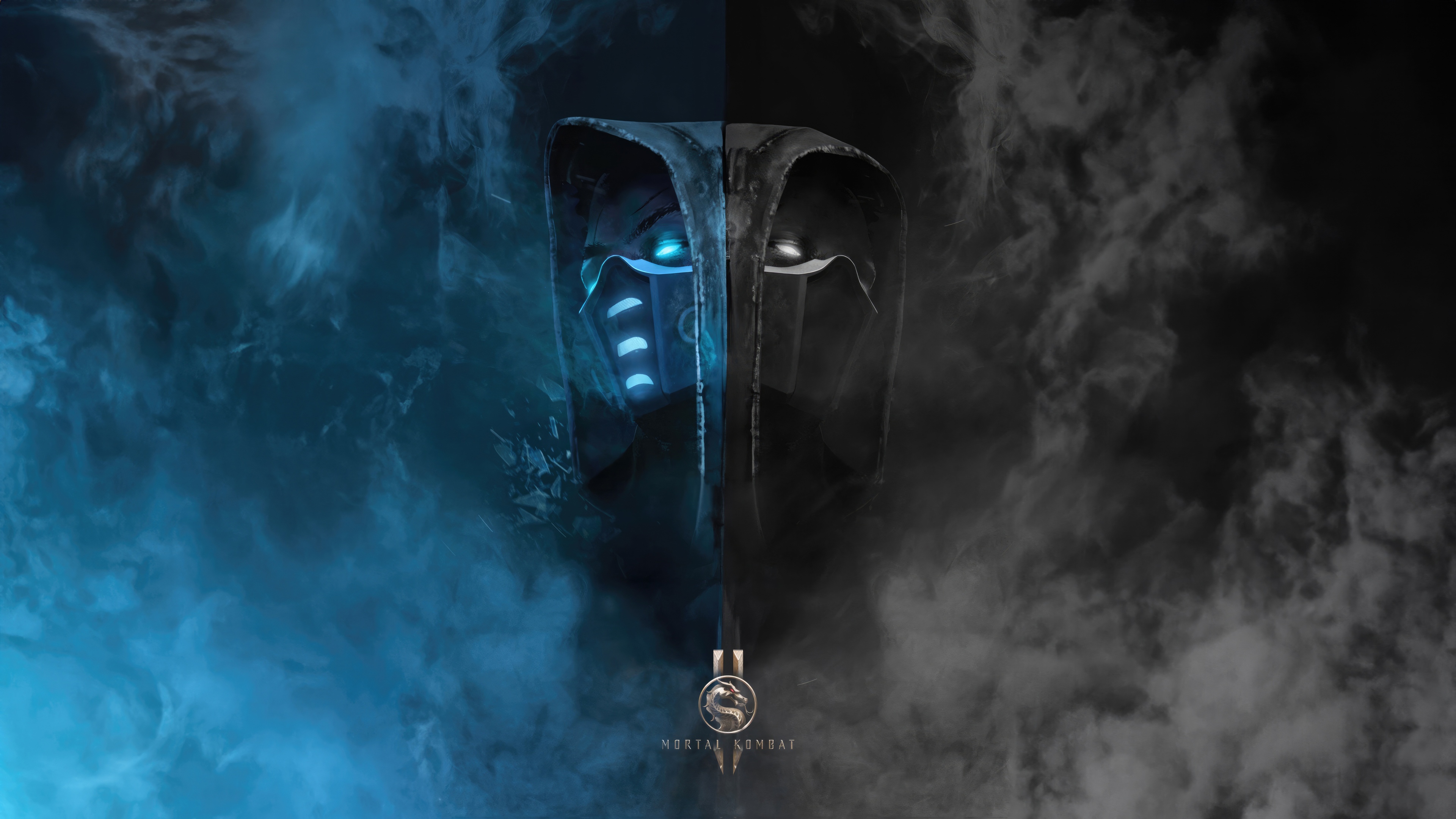 Cinematic battle between Scorpion and Sub-Zero from Mortal Kombat II featuring fire and ice effects.