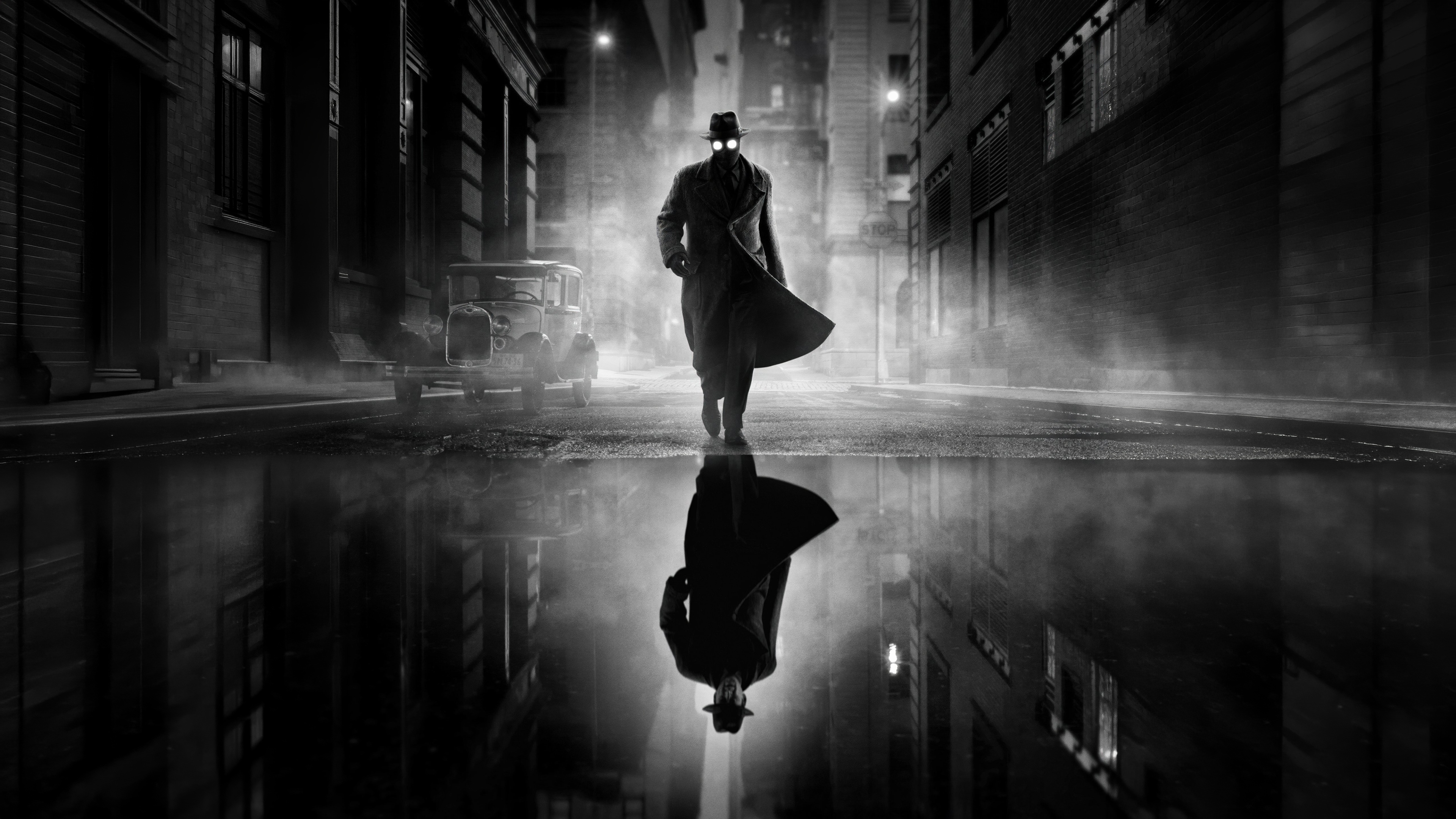 A high-contrast, black and white cinematic shot of Spider-Noir in a monochrome background.