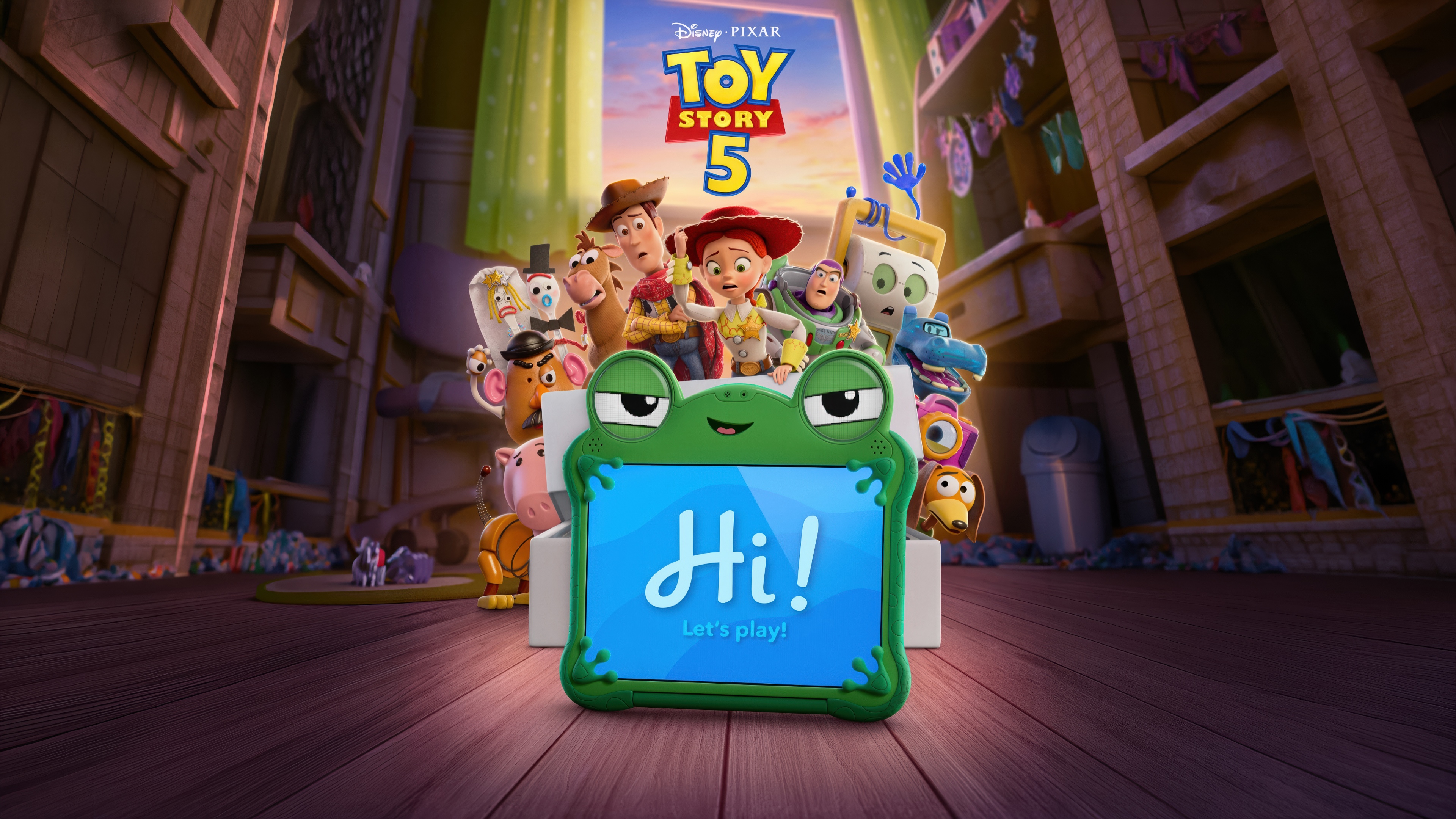 A high-resolution movie poster for Toy Story 5 featuring characters from the Toy Story franchise amidst a peaceful pond with green lilypads.