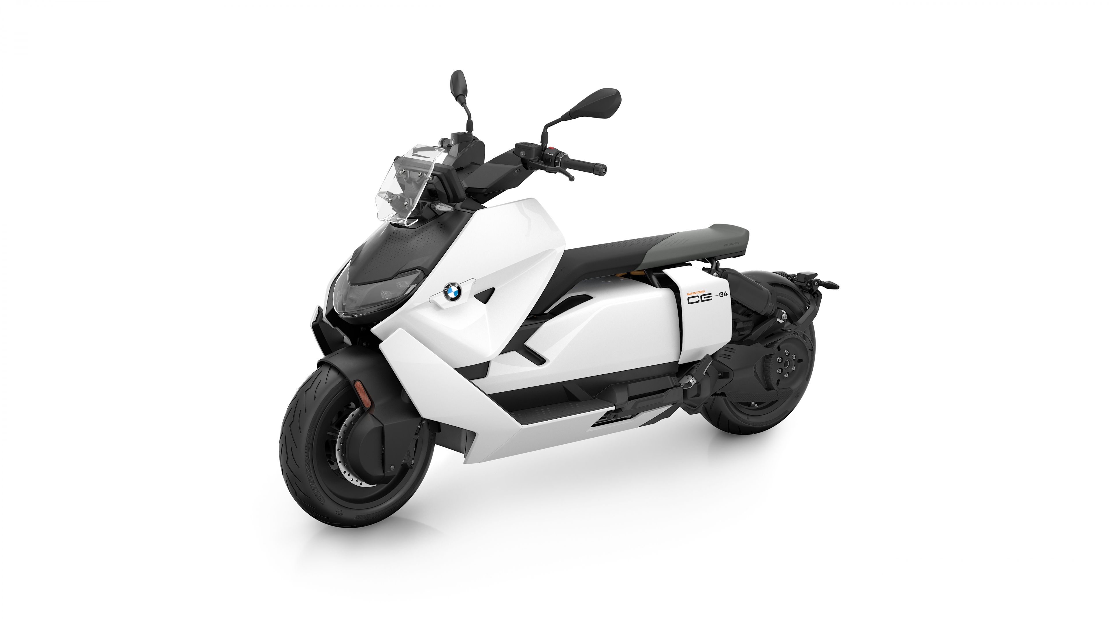 A sleek 2025 BMW CE 04 electric scooter isolated on a white background.