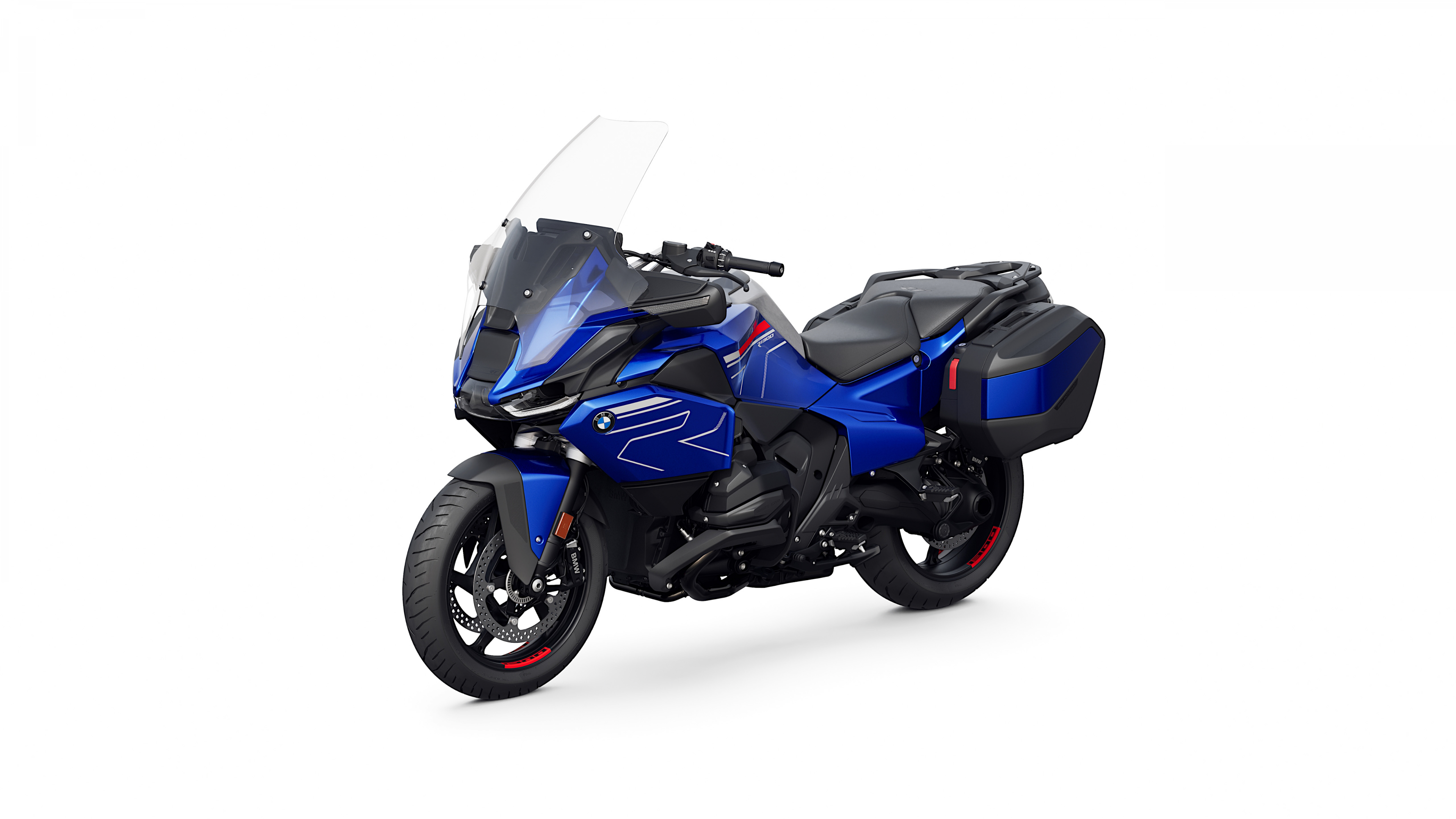 A professional studio shot of the 2025 BMW R 1300 RT touring motorcycle isolated on a white background.