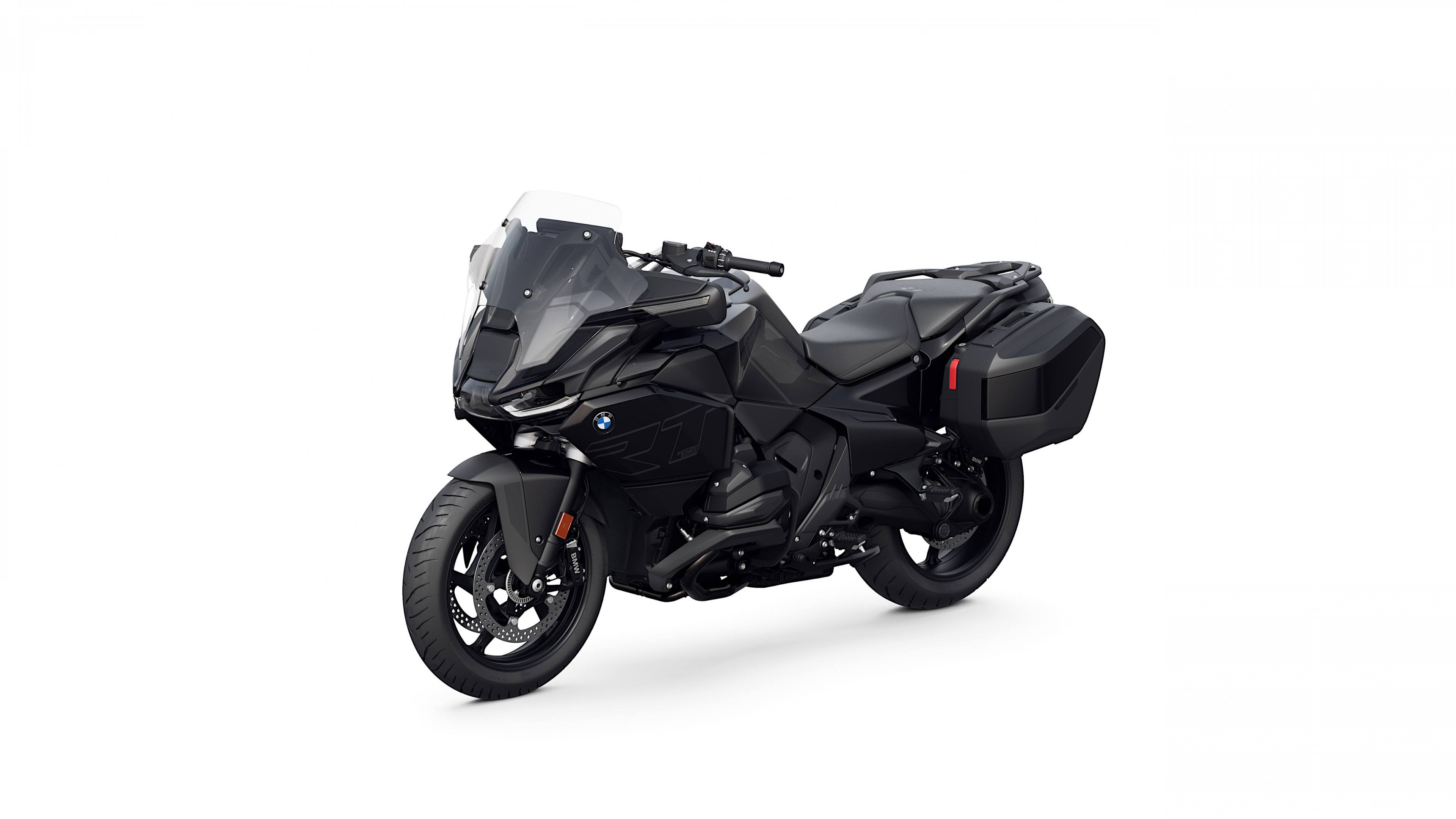 A modern 2025 BMW R 1300 RT touring motorcycle isolated on a plain white background.