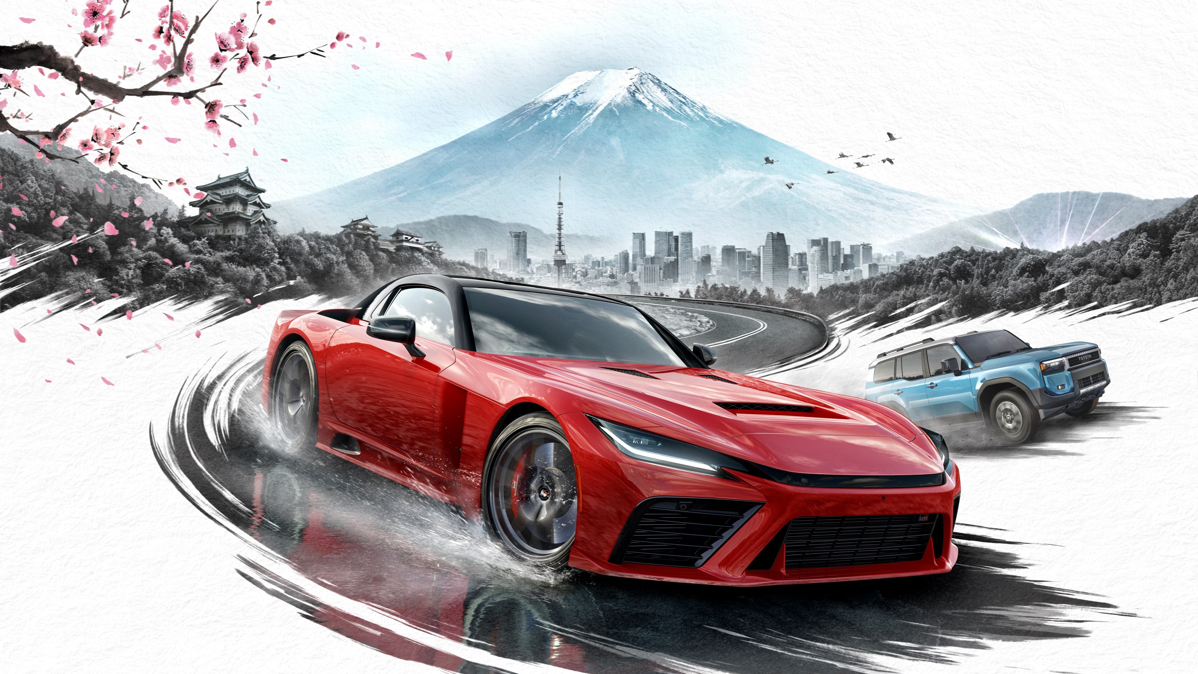 A cinematic composition featuring a Toyota GR GT and a Toyota Land Cruiser Prado positioned in front of the majestic Mount Fuji, Japanese-style cover art.