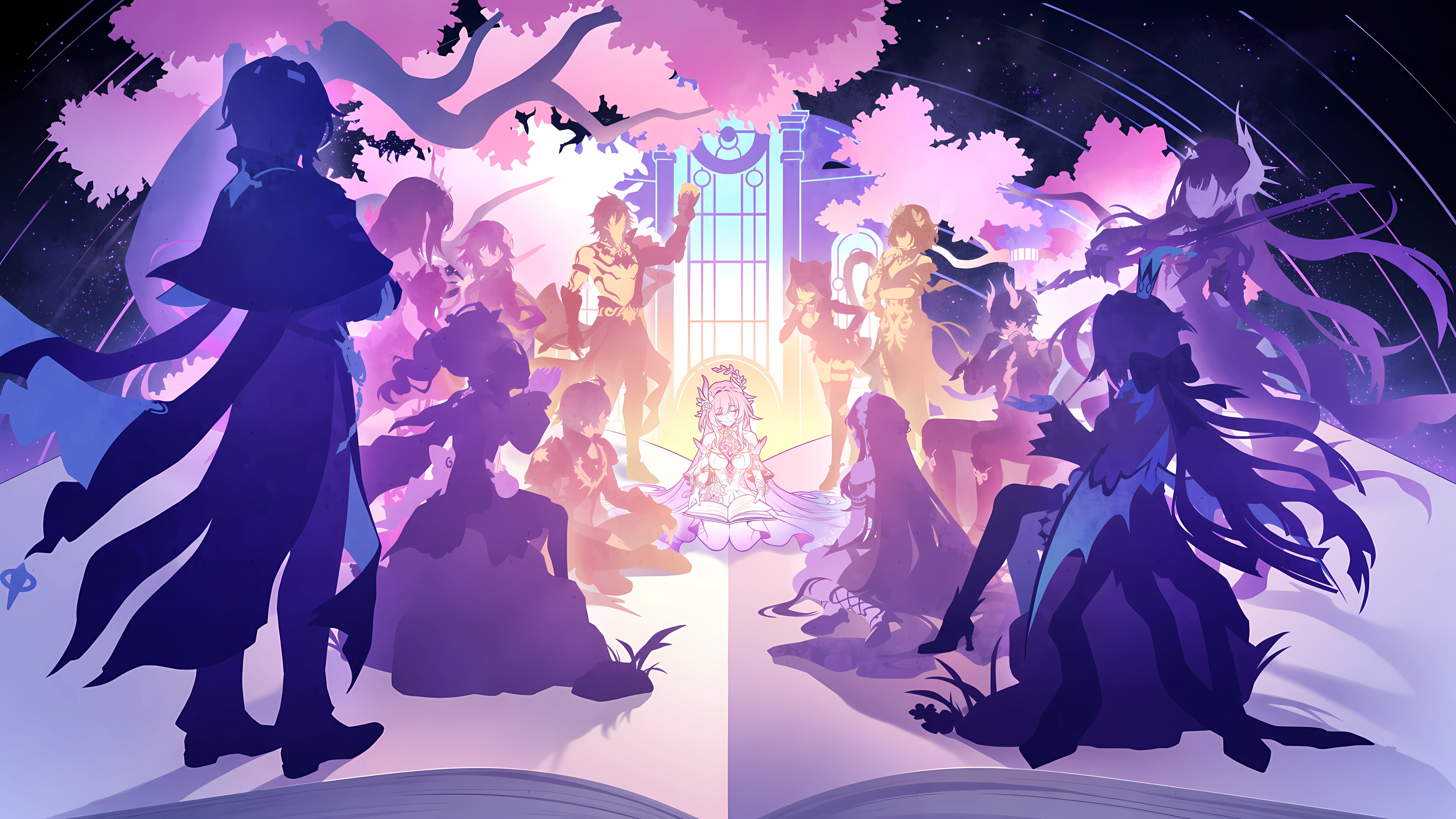 A detailed digital painting of Acheron from Honkai: Star Rail featuring a vibrant purple aesthetic and cosmic lighting.