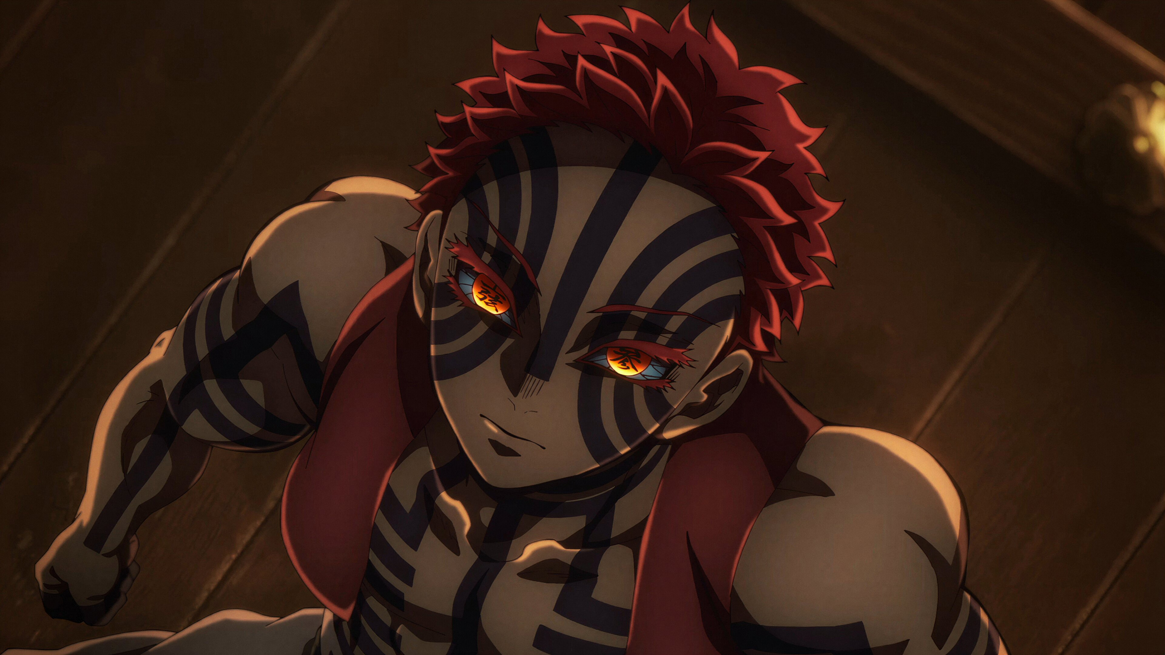 Akaza from Demon Slayer: Kimetsu No Yaiba posing in the shifting Infinity Castle.