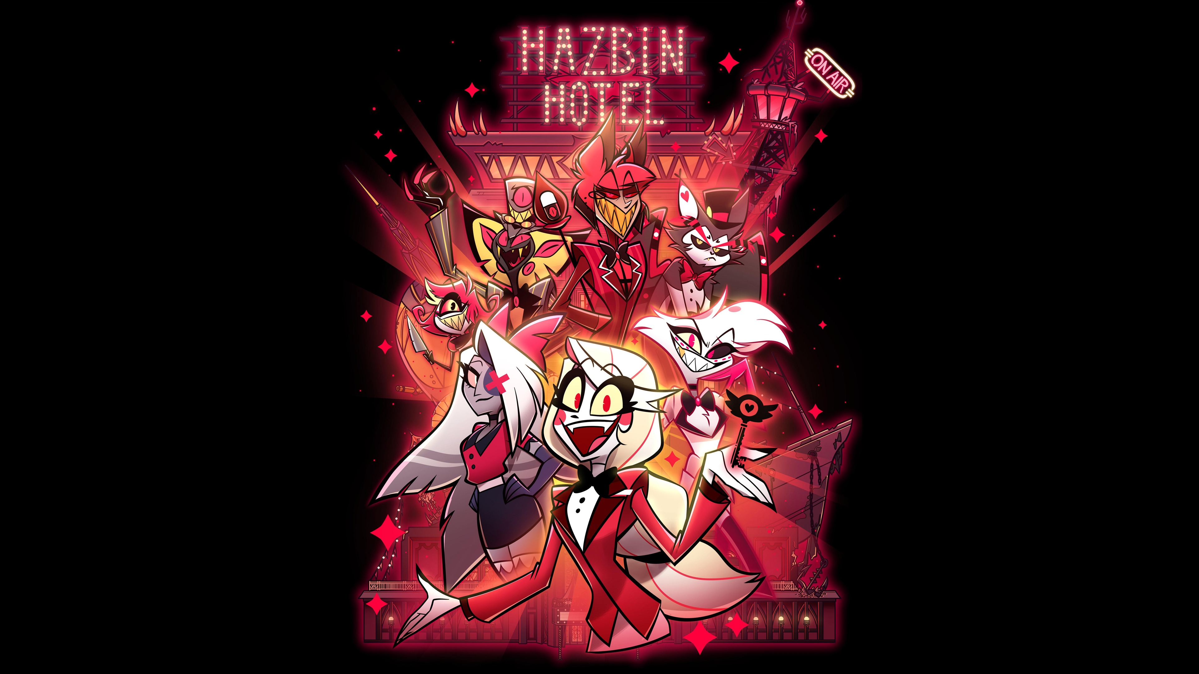Detailed 8K portrait of Alastor from Hazbin Hotel against a solid black background.