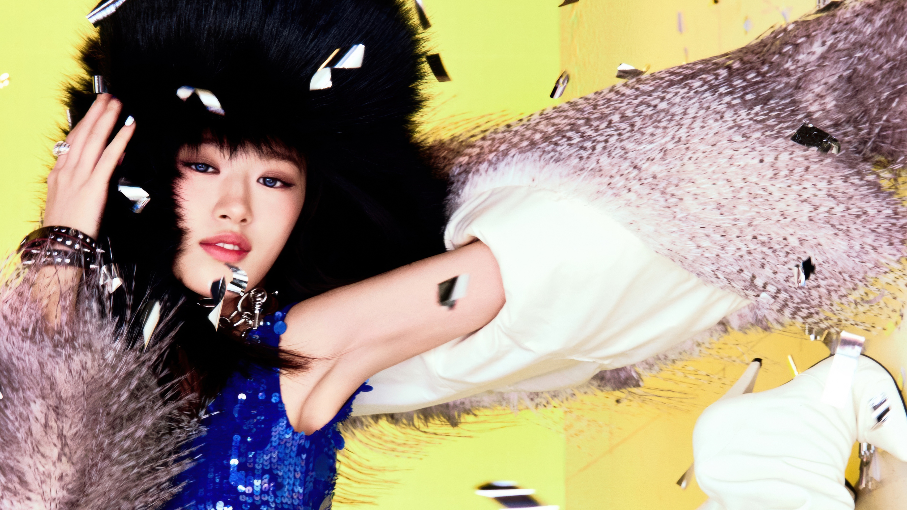 A high-resolution 5K portrait of An Yujin from the K-pop group IVE against a solid yellow background.