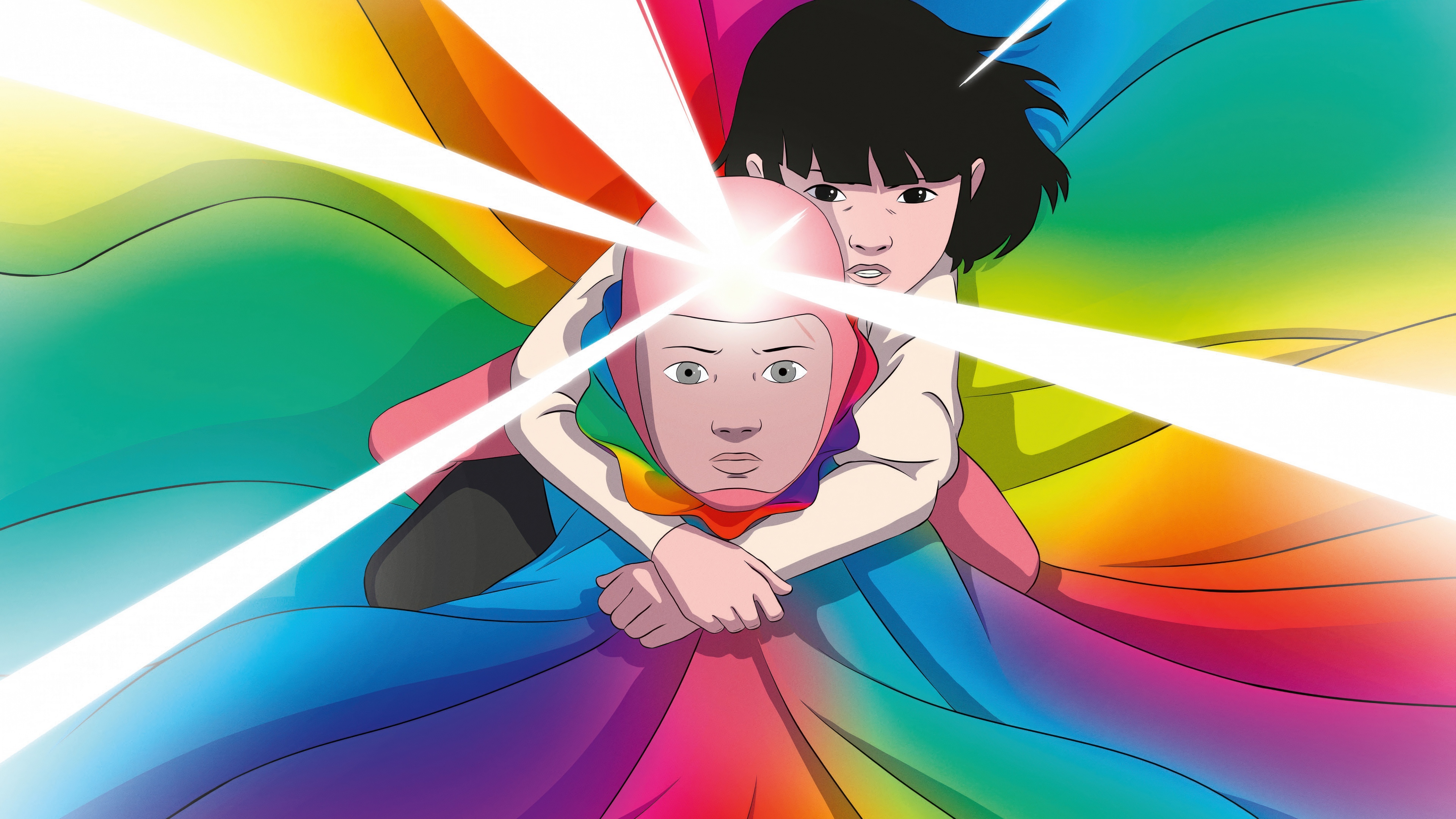 A vibrant 5K animation-style character named Arco surrounded by a magical rainbow and iridescent light effects.
