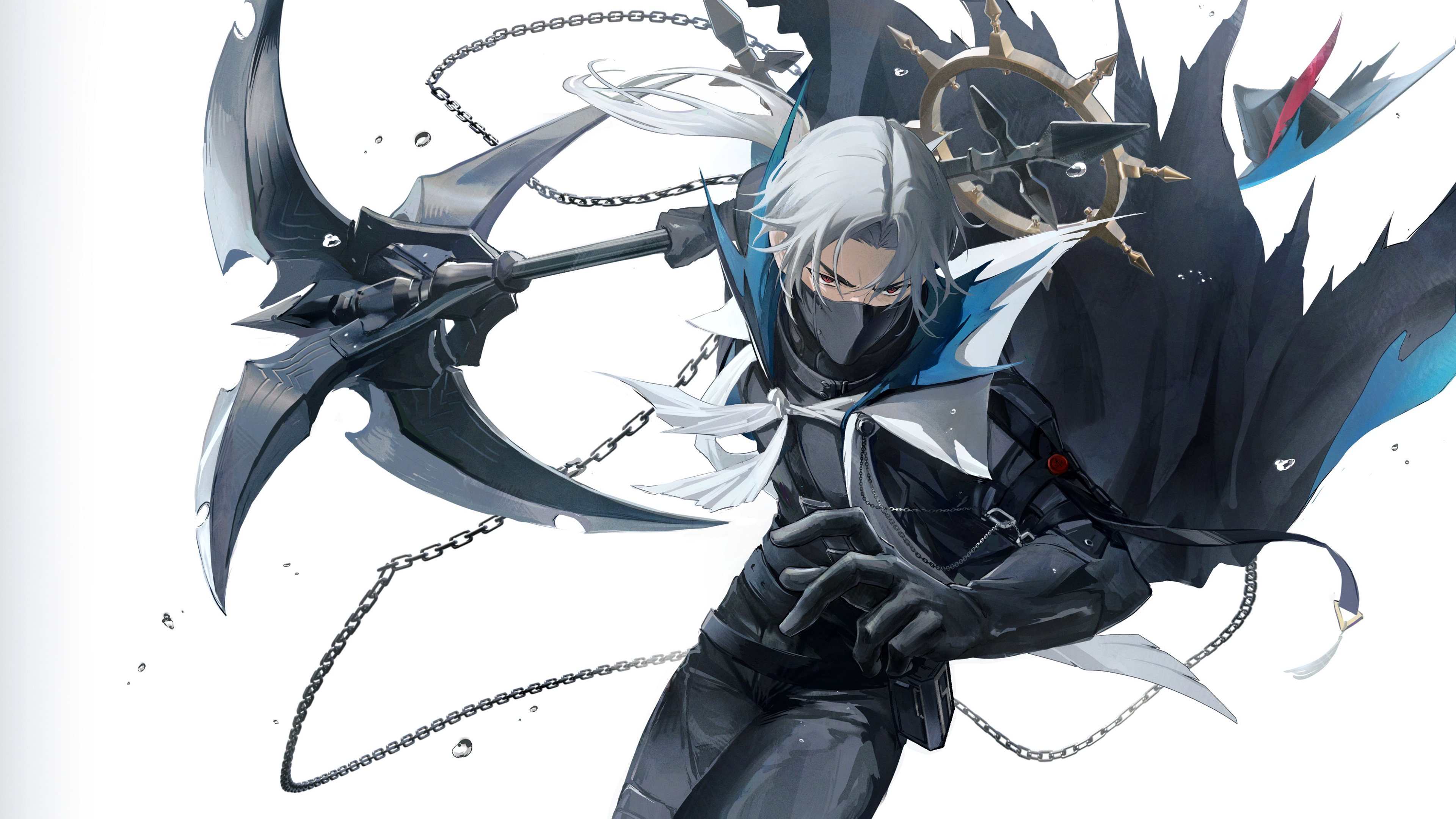A detailed character poster of a tactical anime girl from Arknights wearing intricate blue and black combat gear.