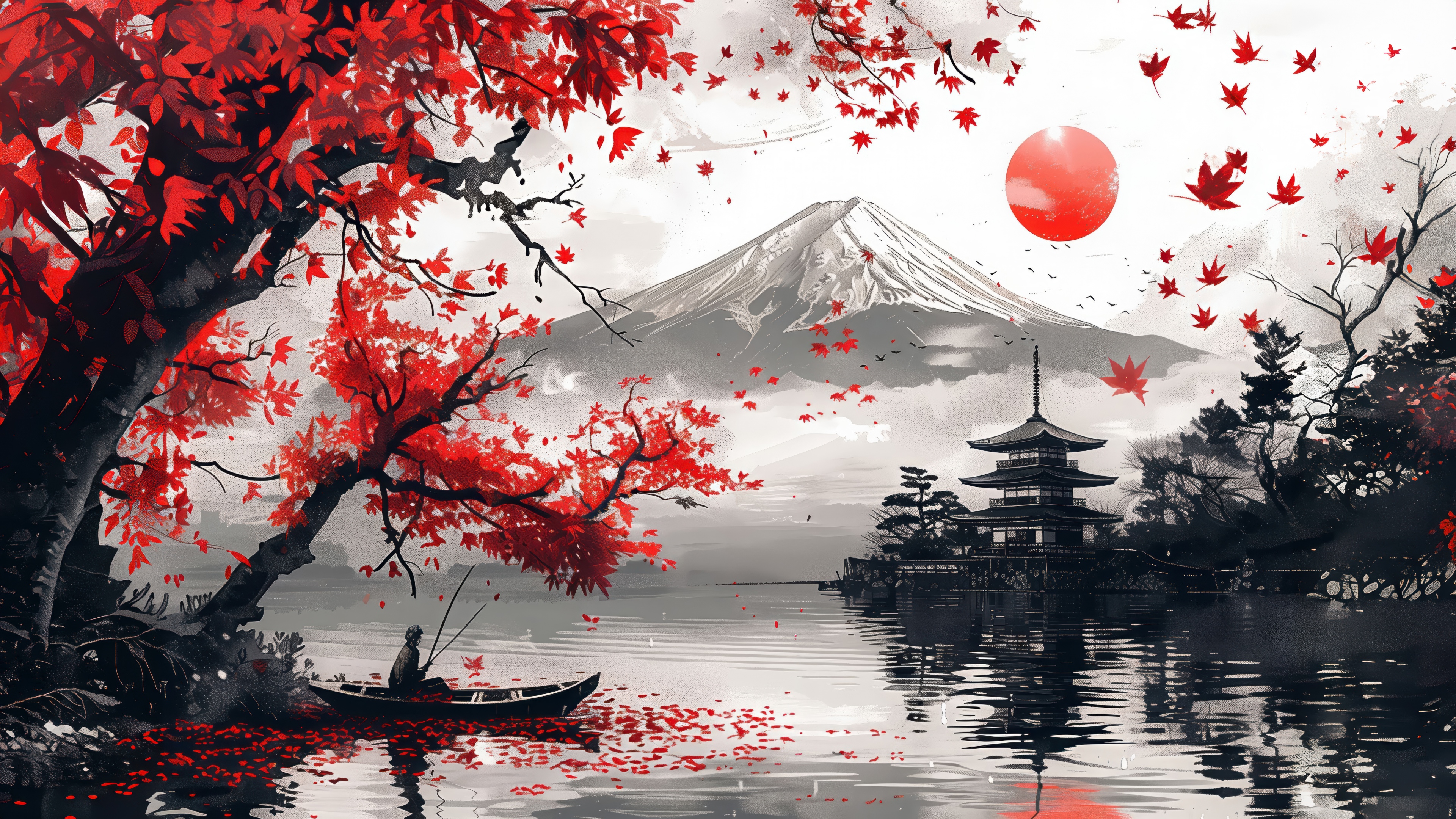 A scenic view of Mount Fuji, a traditional Japanese pagoda, and vibrant red maple trees during the autumn season.