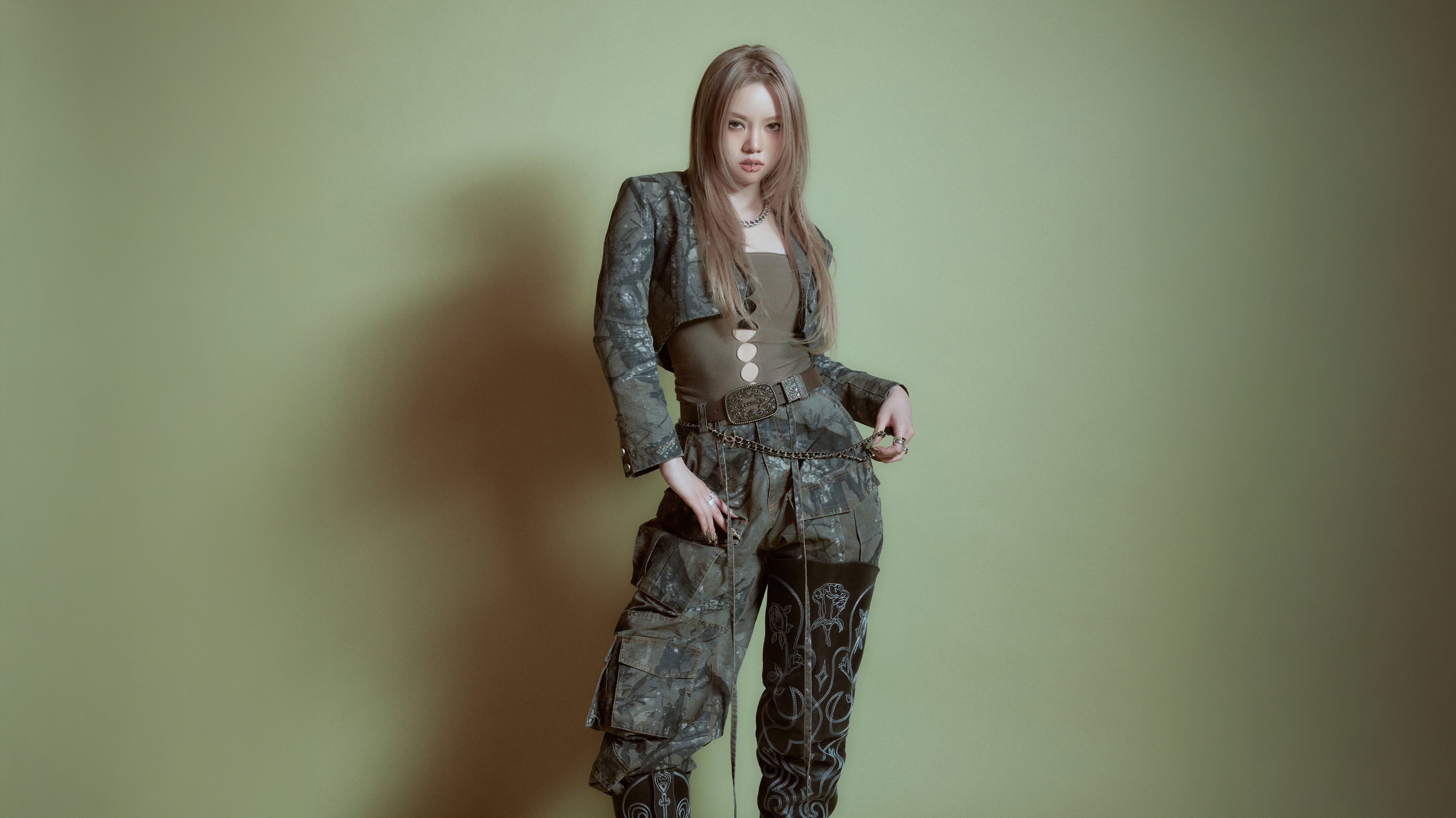 A professional, high-resolution close-up of K-Pop singer Bailey from the ALLDAY PROJECT, featuring stylish idol fashion and cinematic lighting.