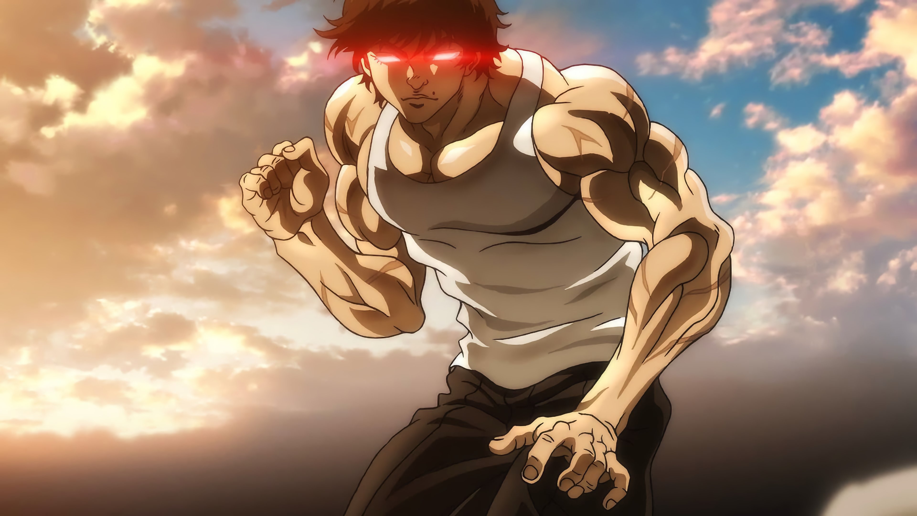 A highly muscular Baki Hanma from the anime Baki the Grappler in an intense martial arts pose.