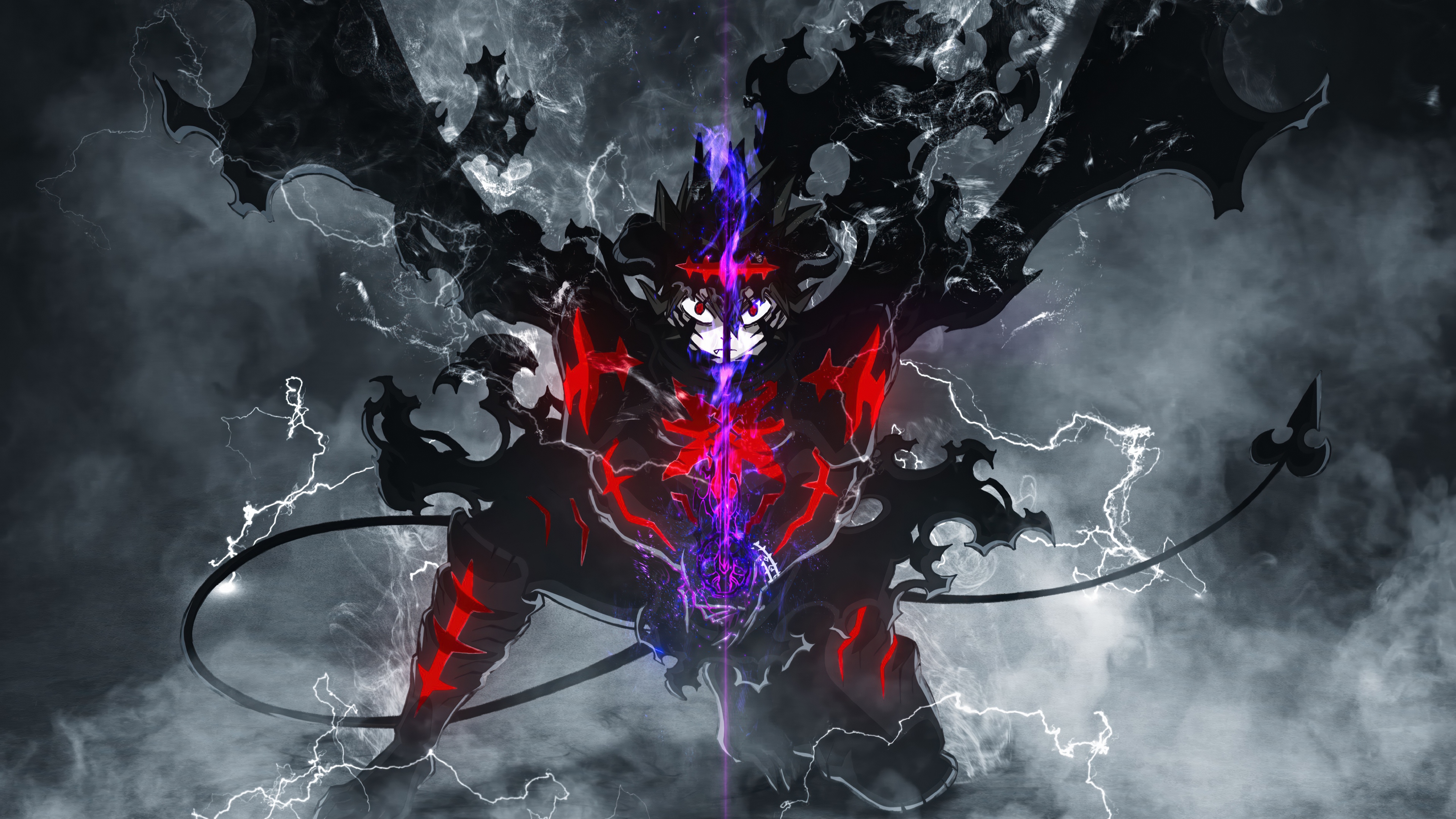 A dark, demonic character from Black Clover surrounded by crackling electric lightning.