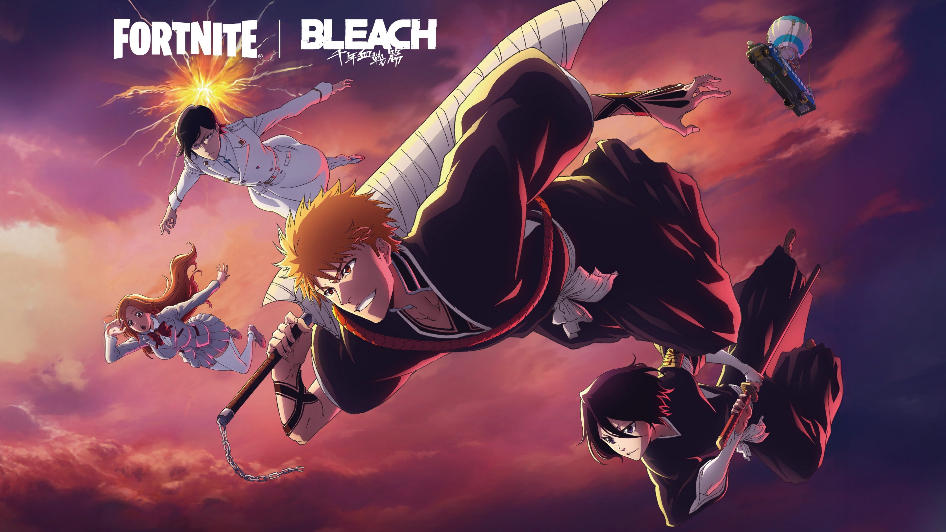 Characters Ichigo Kurosaki, Rukia Kuchiki, Uryu Ishida, and Orihime Inoue from the anime Bleach rendered in a Fortnite gameplay art style.