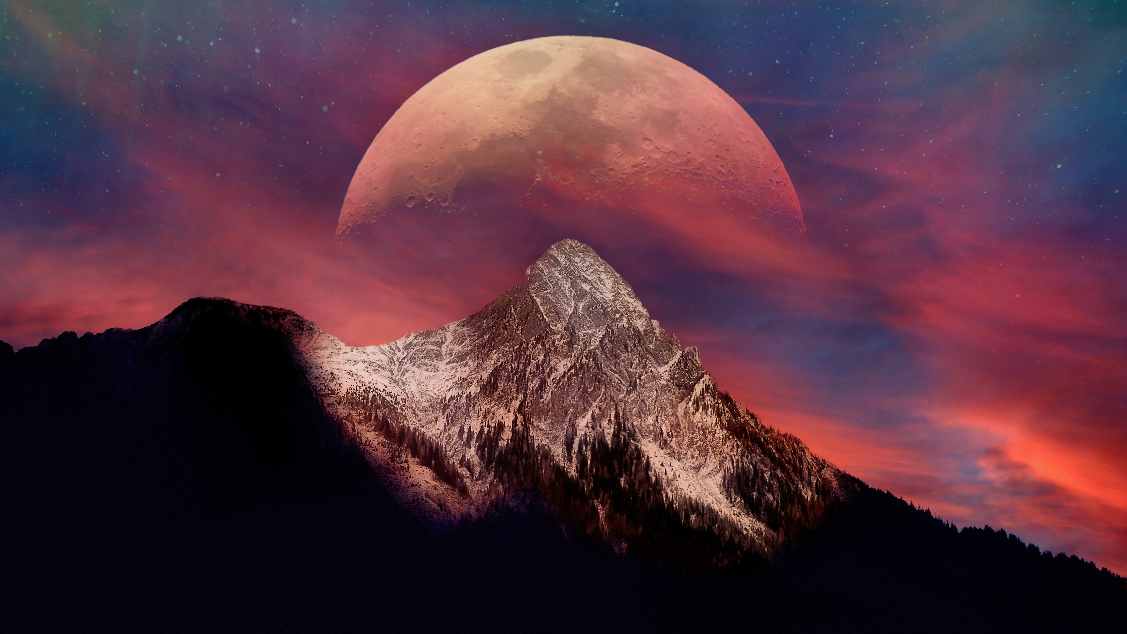 A dramatic blood moon rising over snowy mountain peaks at twilight.