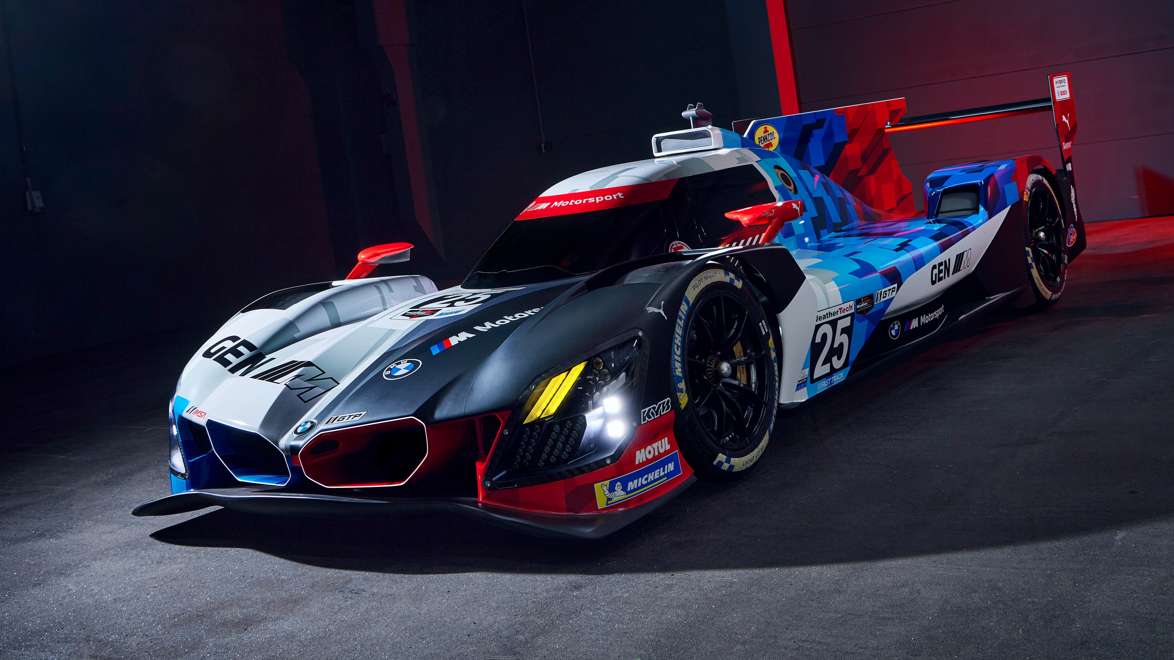A high-resolution 5K view of a futuristic BMW M Hybrid V8 race car featuring advanced aerodynamics and a sleek racing livery.