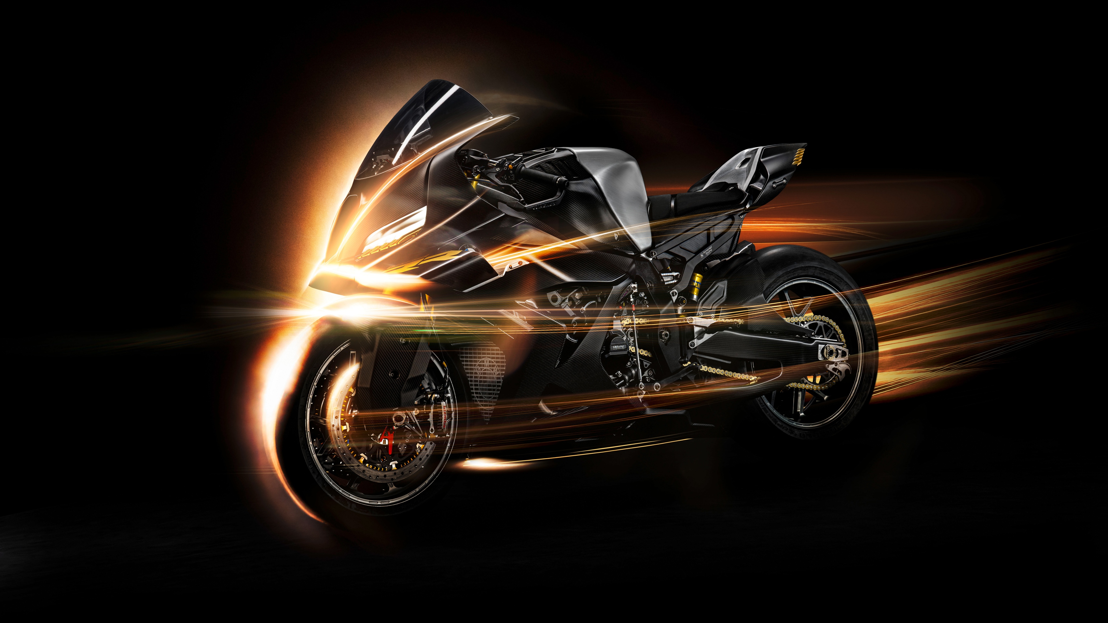 A futuristic BMW Motorrad Concept RR superbike featuring sleek aerodynamic lines and high-tech components against a dark, dramatic background.