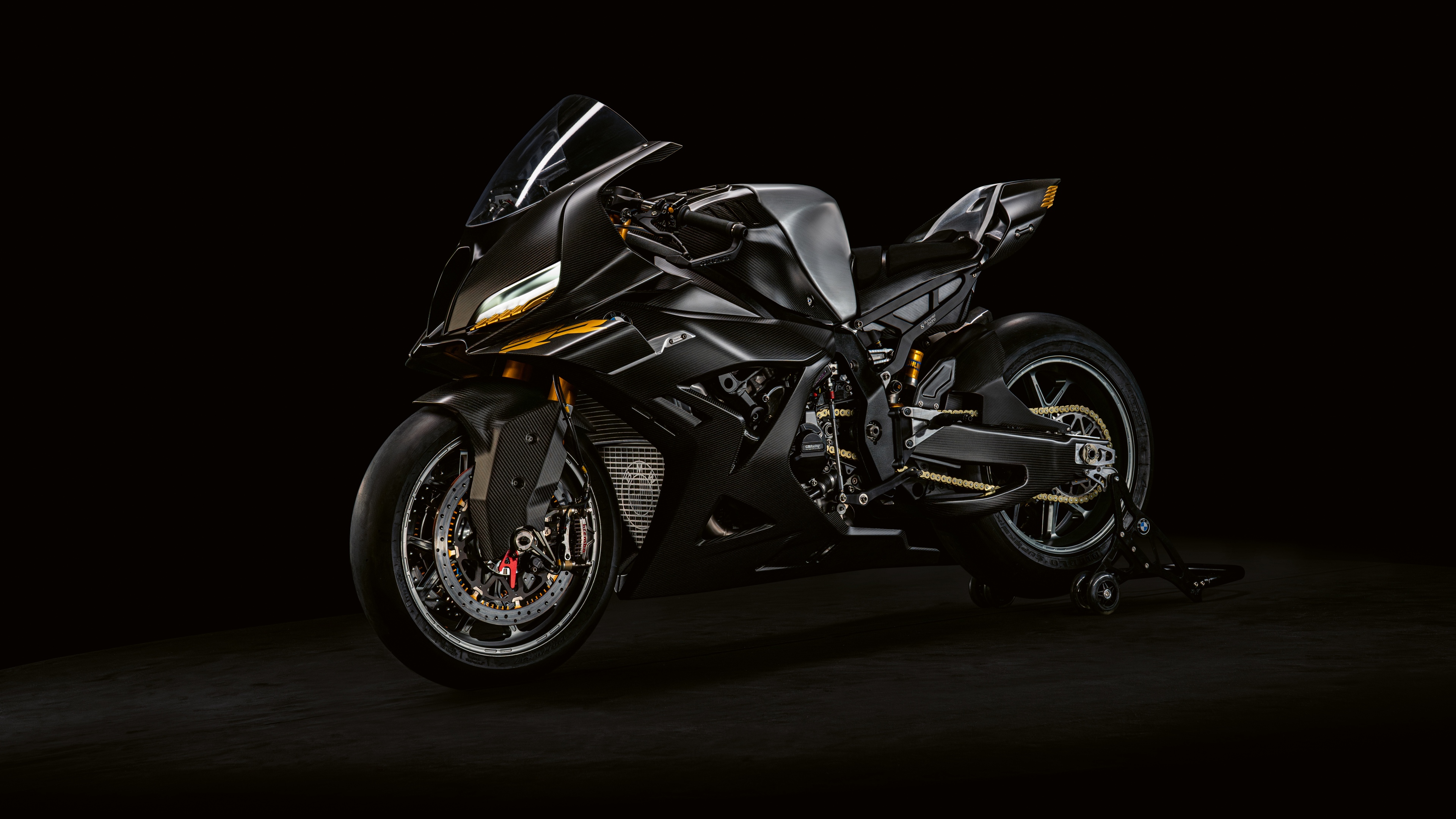 A futuristic BMW Motorrad Concept RR 2026 motorcycle with sleek aerodynamic design and advanced lighting on a dark, cinematic background.