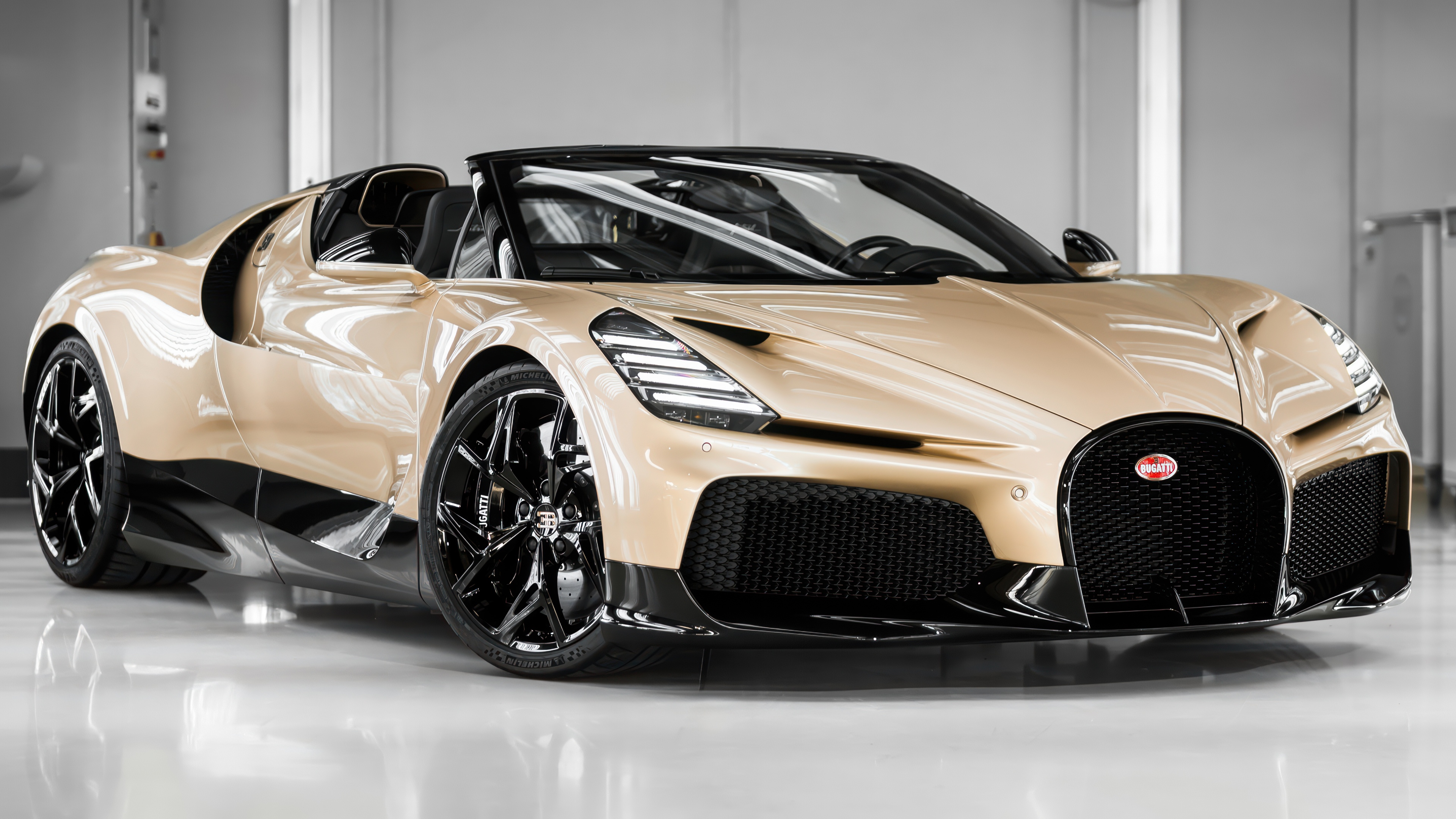A high-detail, cinematic shot of the 2026 Bugatti W16 Mistral luxury roadster with bespoke aerodynamic features.