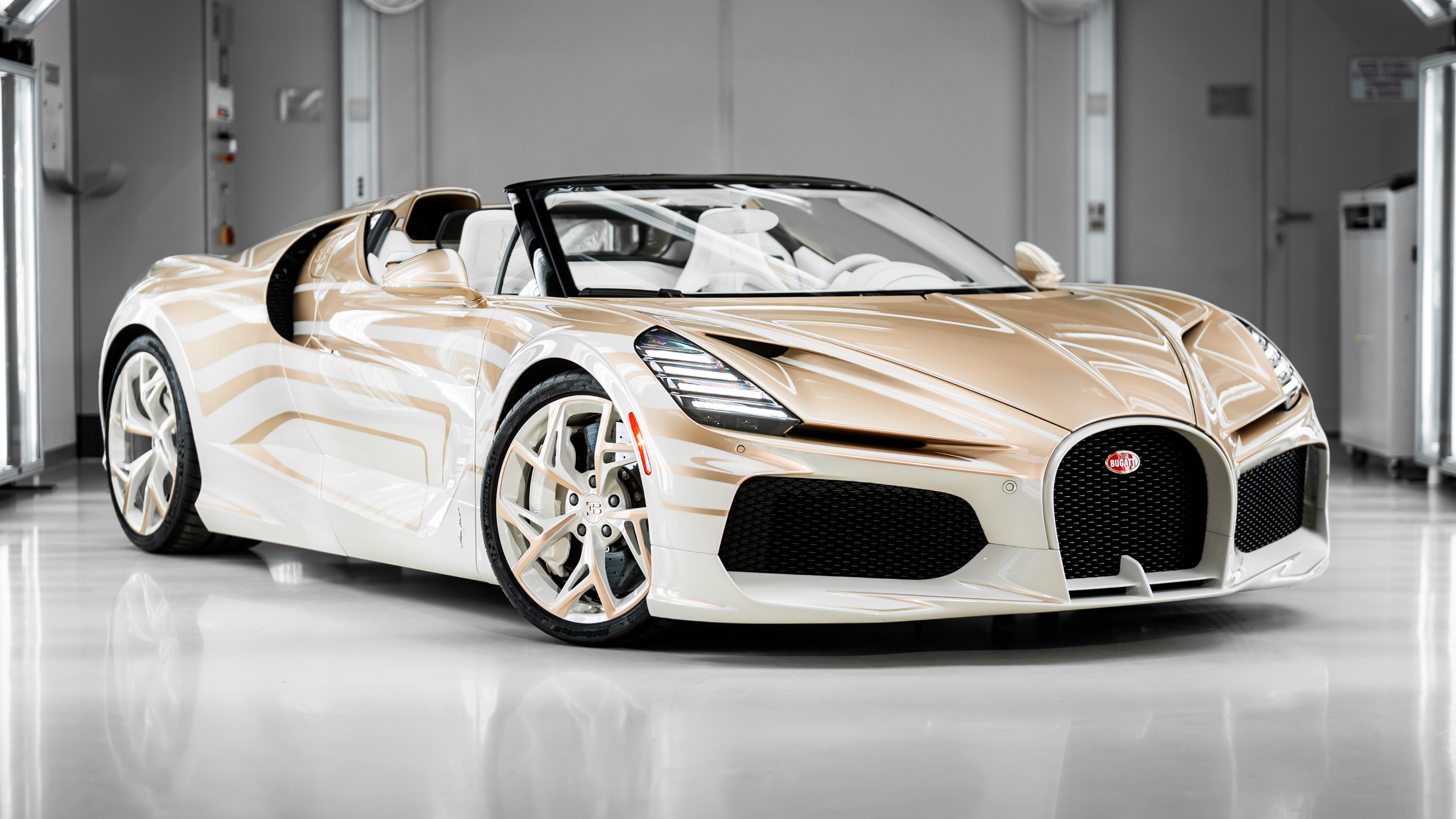 A high-detail close-up of the Bugatti W16 Mistral luxury hypercar, highlighting its sleek aerodynamic body and premium finish.
