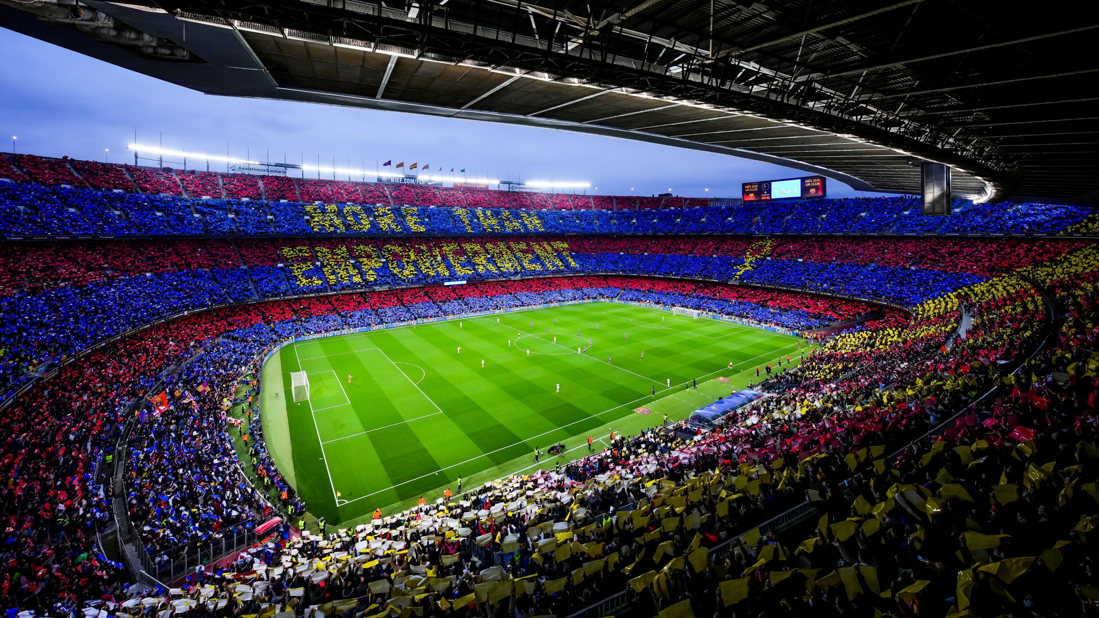 An expansive view of the Camp Nou football stadium in Barcelona, Spain, the legendary home of FC Barcelona.