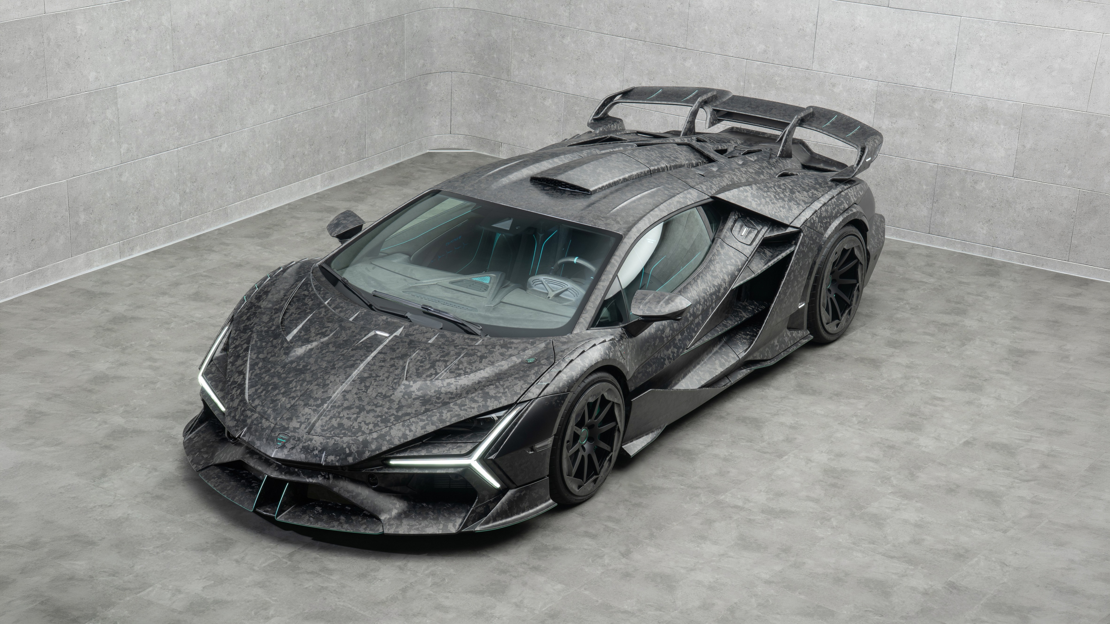 A detailed 5K close-up of a Lamborghini Revuelto featuring an exquisite carbon fiber finish.